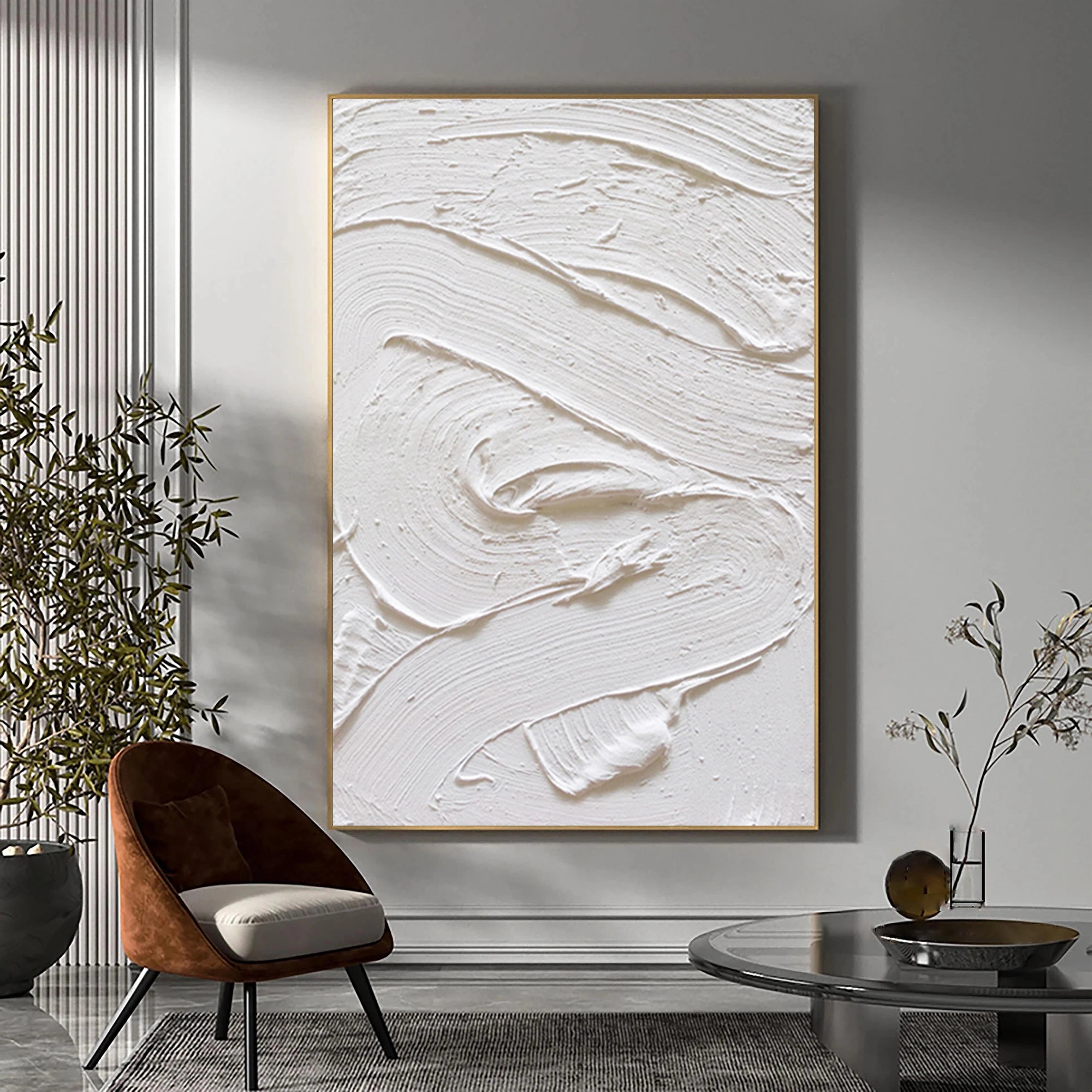 White Minimalist Textured Painting Canvas Wall Art - Modern Abstract Home Decor for Living Room, Bedroom & Office | High-Quality Stretched Canvas #MM005
