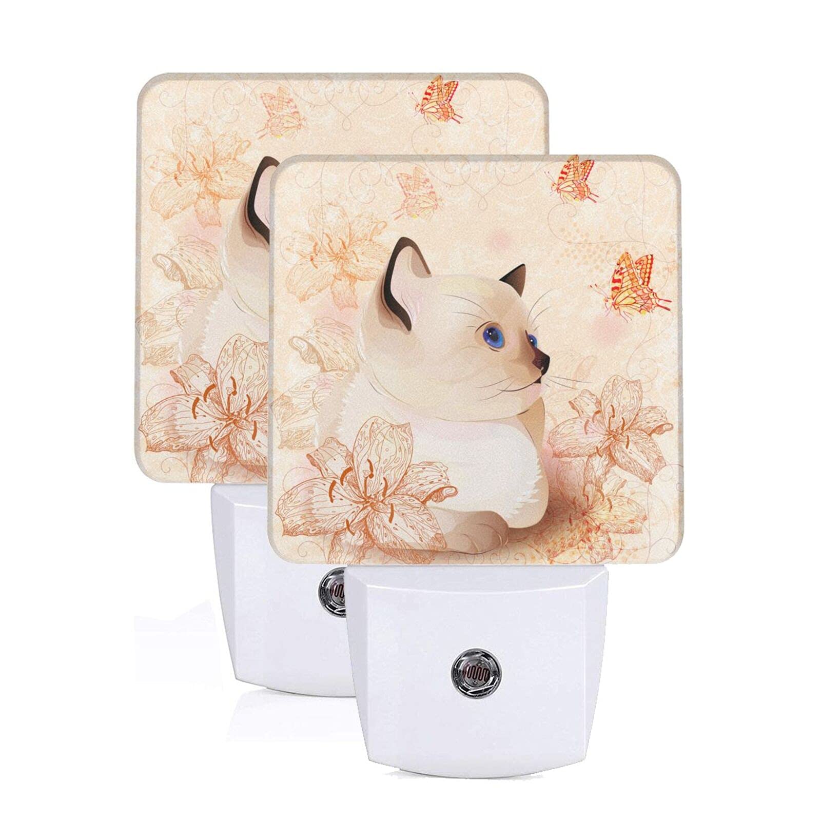 2-Pack Vintage Floral Siamese Cat LED Night Light with Auto Dusk-to-Dawn Sensor - Plug-in Decorative Bedside Lamp for Kids & Adults Rooms - Perfect for Nursery, Bedroom, Hallway and Gift Giving