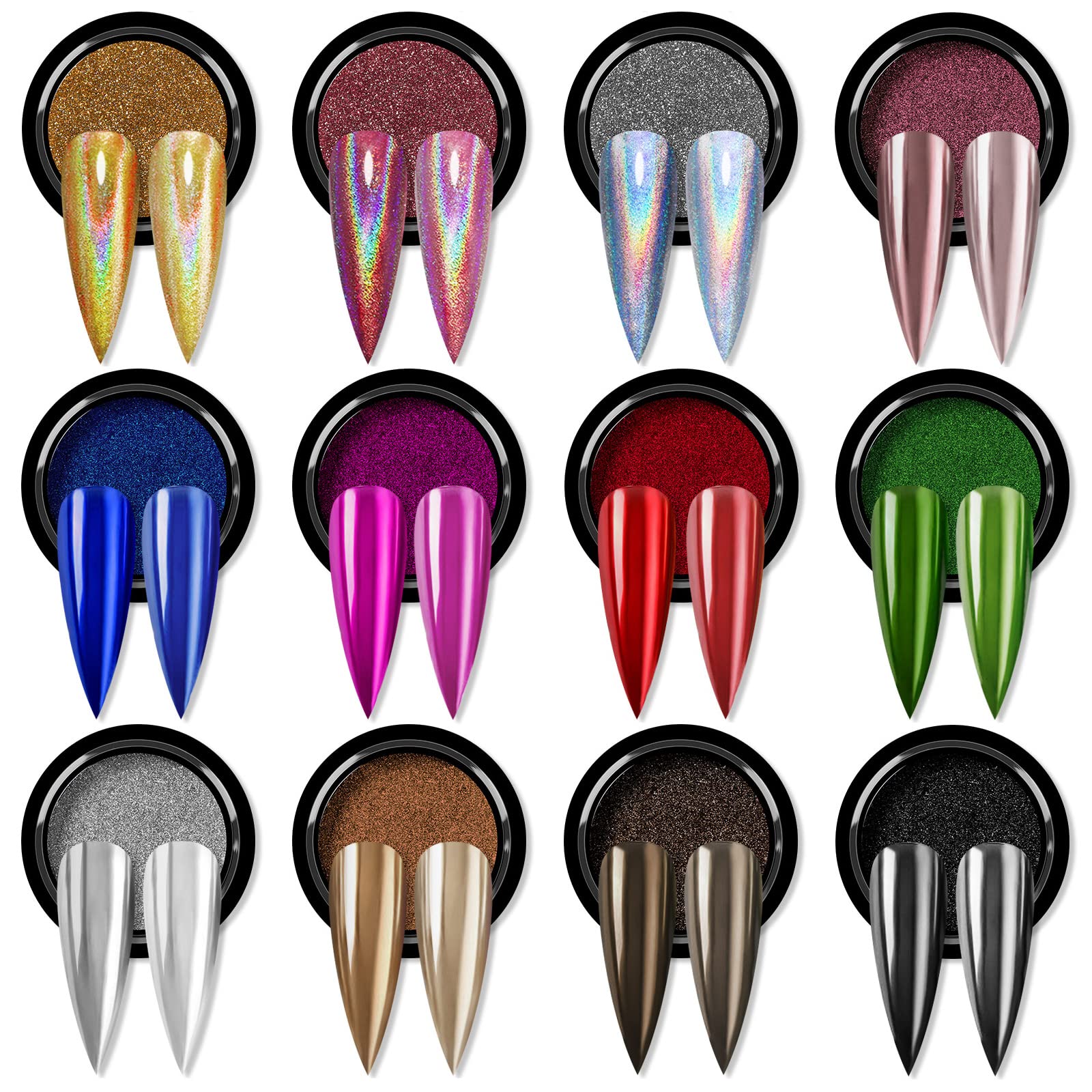 Saviland Chrome Nail Powder Set - 12 Colors Metallic Mirror Chrome Powder for Gel Polish (Silver, Gold, Holographic) | Professional Nail Art Pigment for Manicure, DIY Home & Salon Use | Perfect for Parties, Weddings & Special Occasions