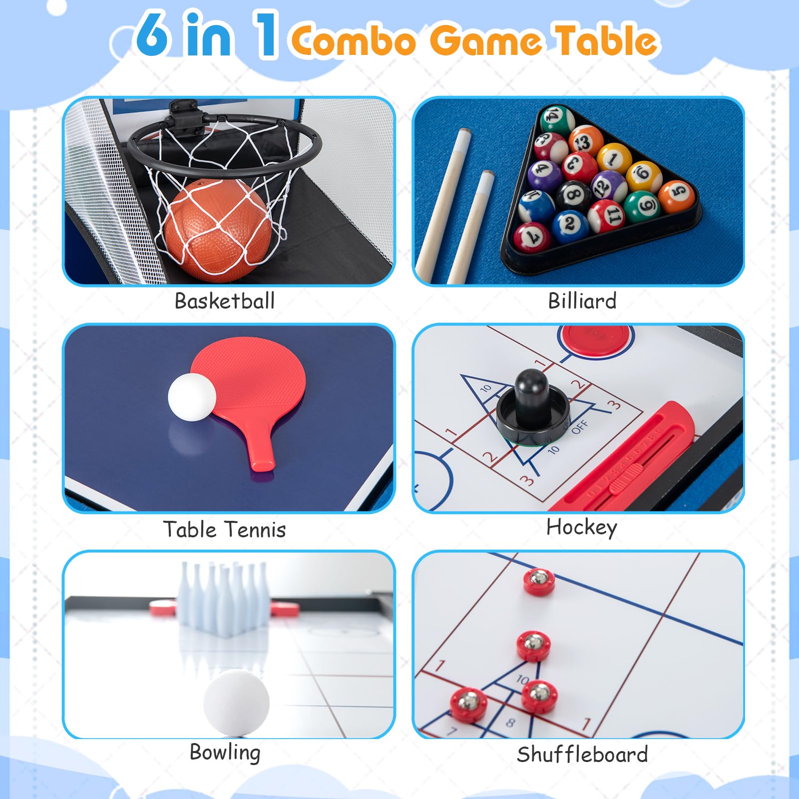 GYMAX 6-in-1 Multi Game Table - Air Hockey, Pool Table, Ping Pong, Basketball, Shuffleboard & Bowling Combo for Game Room, Basement, Family Fun & Indoor Entertainment