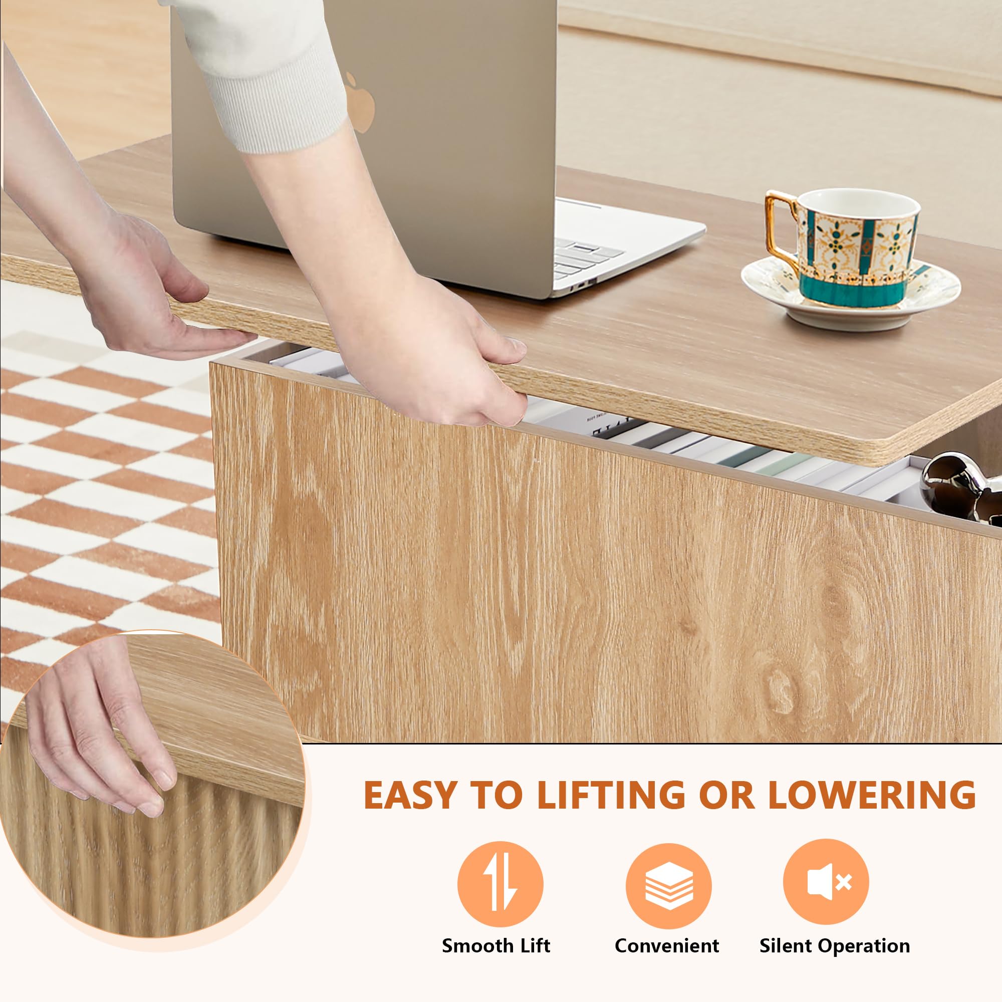 Modern Lift-Top Coffee Table with Hidden Storage - Wooden Fluted Design for Living Room & Office