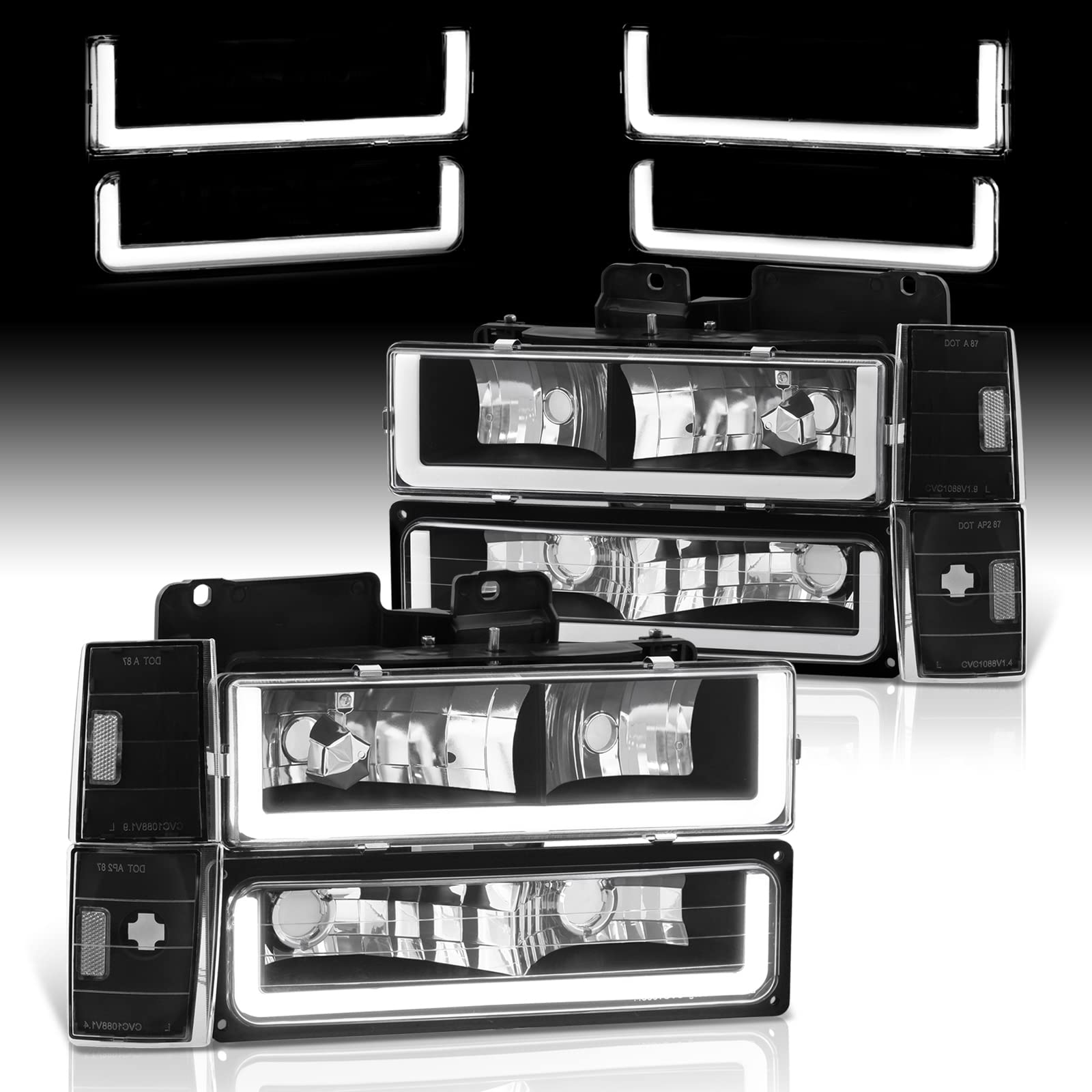 Black Clear LED DRL Driving Headlights & Corner Bumper Signal Lamps - Compatible with Chevy C10 C/K C1500 C2500 C3500 K1500 K2500 K3500 Blazer Silverado Suburban (1988-1993 Models) | Upgrade Your Truck's Style & Night Visibility