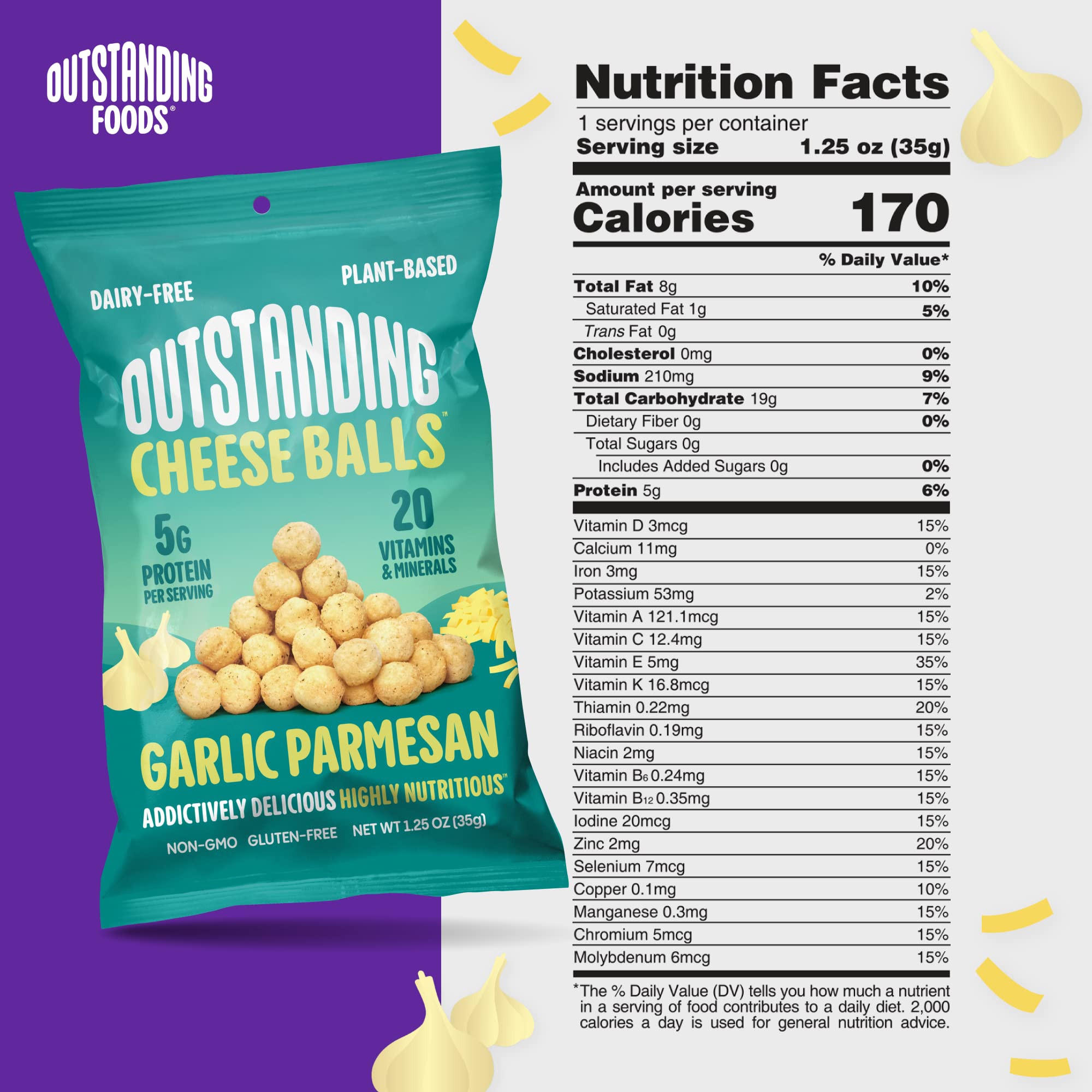 Outstanding Foods Garlic Parmesan Cheese Balls - Vegan, Dairy-Free, Gluten-Free, Low Carb Snacks - Packed with 20 Essential Vitamins & Minerals - 1.25oz (8-Pack) - Perfect for Keto Diet, Healthy On-the-Go Snacking & Movie Nights