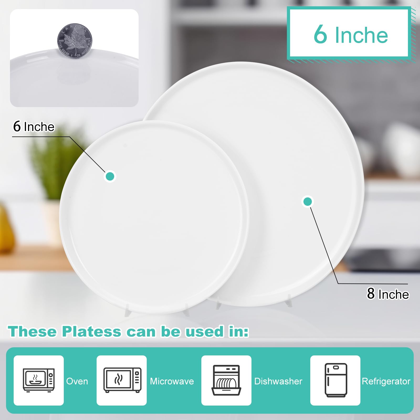 4-Pack White 6-Inch Small Ceramic Plates Set - Round Porcelain Appetizer & Dessert Plates with Lipped Edge for Cake, Snack, Bread - Perfect for Party Serving, Tea Time, and Home Dining