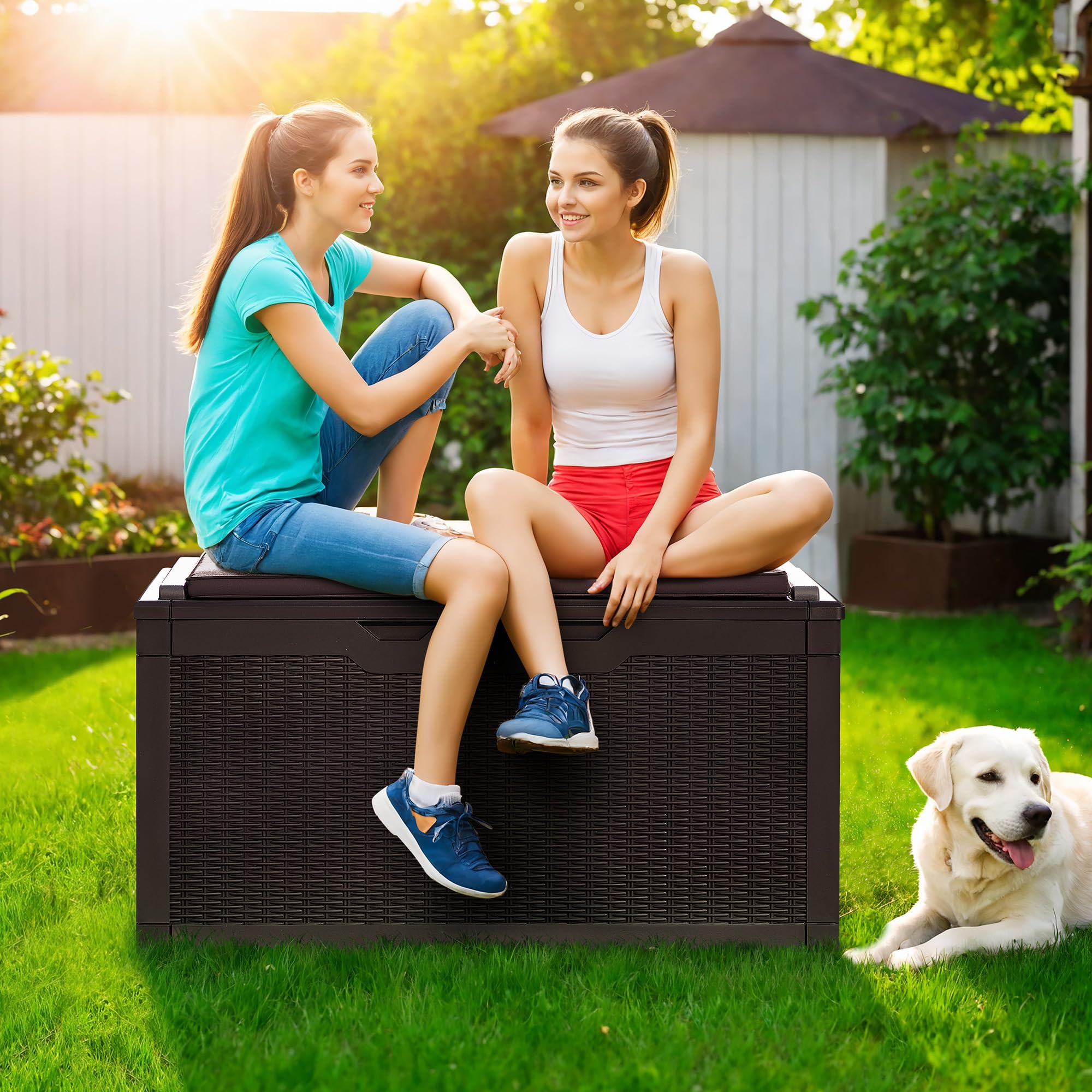GUNJI 100 Gallon Resin Deck Box with Cushion - Outdoor Weatherproof Large Storage Container for Patio Furniture, Garden Tools, Pool Toys & Backyard Accessories - Lockable Design for Secure Storage (Brown) - Perfect for Poolside, Patio & Garden Organization