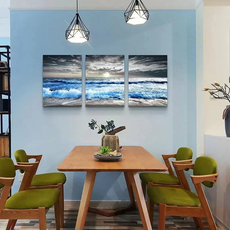 3-Piece Blue Ocean Waves Metal Wall Art - Ready to Hang Coastal Decor for Living Room, Bedroom or Beach House