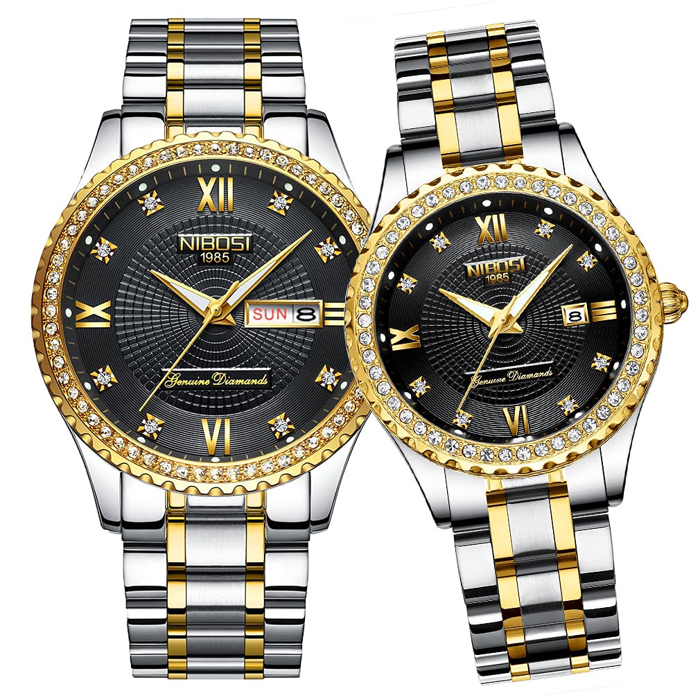 Luxury Diamond Couple Watches Set - His and Hers Matching Analog Quartz Wristwatch for Men & Women | Valentine's Day, Wedding, Anniversary Gift | Waterproof, Day-Date Display | Perfect for Romantic Occasions, Date Nights & Special Celebrations