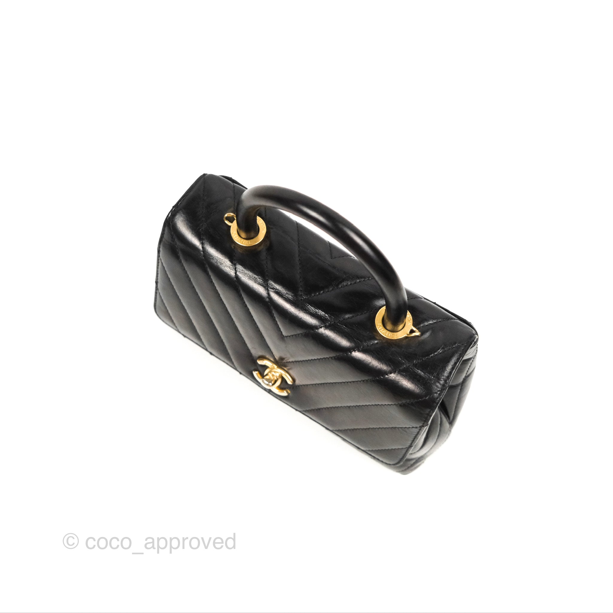 Chanel Chevron Small Coco Handle Bag - Black Shiny Aged Calfskin with Aged Gold Hardware | Luxury Crossbody Purse for Women, Perfect for Evening Parties & Date Nights