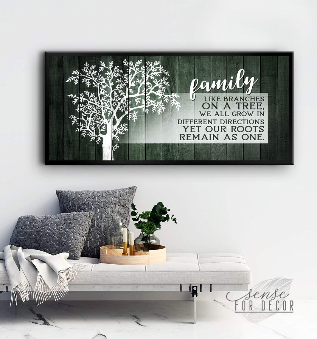 Family Tree Wall Art Plaque - Large Canvas Farmhouse Decor for Living Room & Family Room - Green & Black Floating Frame 42x19 - Perfect for Home Décor, Housewarming Gifts & Rustic Interior Design