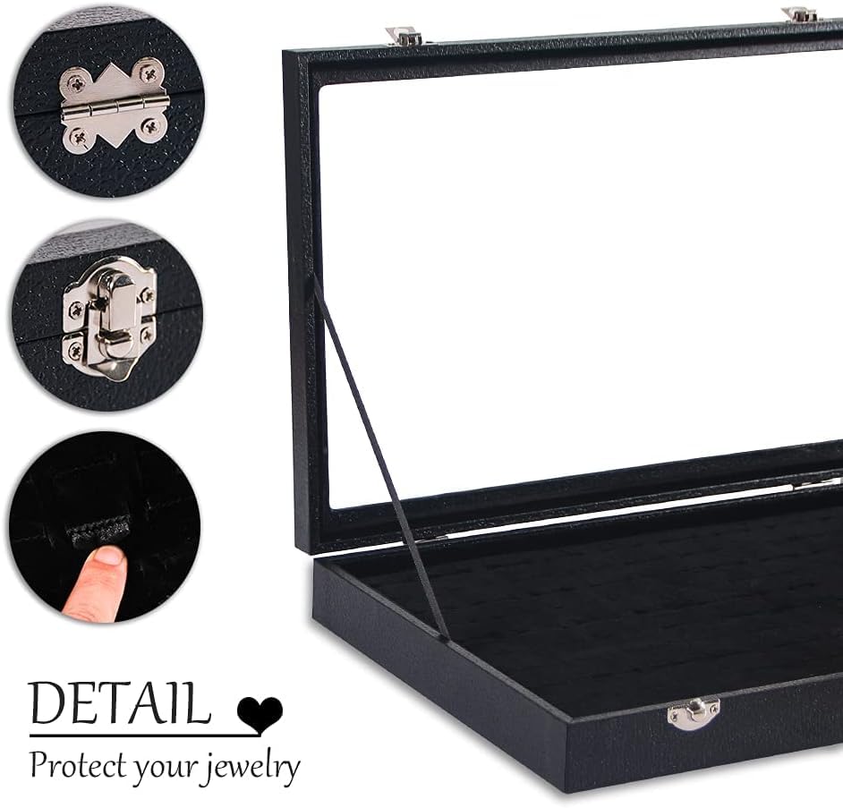 Coward Ring Organizer Jewelry Box - 100 Slot Black Velvet Ring Display Tray with Clear Glass Lid | Perfect for Home Storage, Jewelry Store Display & Gift Presentation