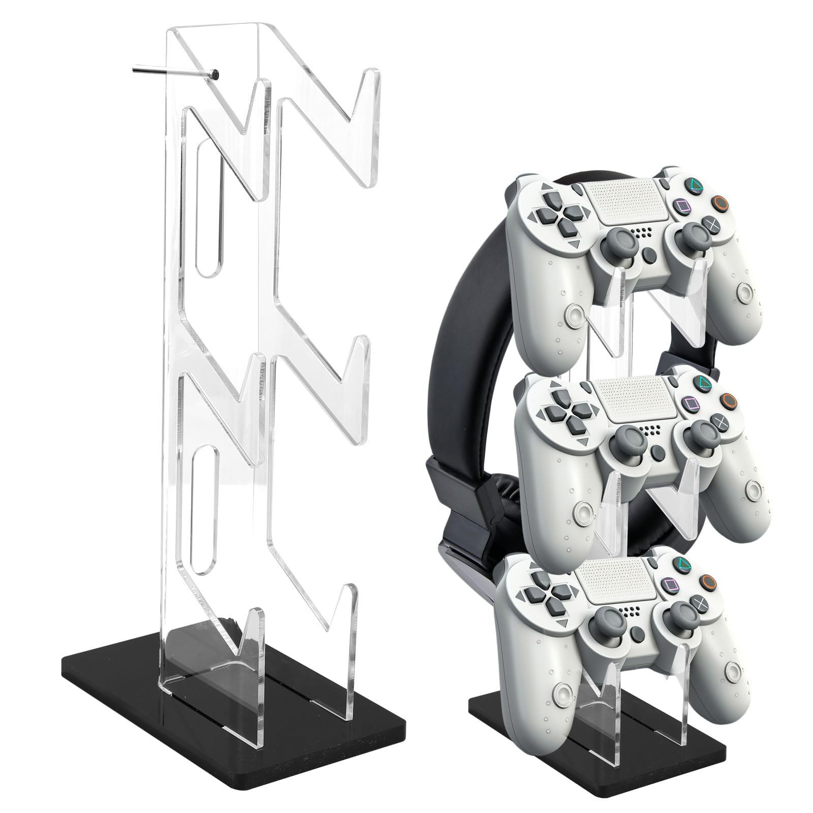 2 Pack Acrylic Headphone Stand with 3-Tier Gaming Controller Holder - Universal Headset Stand for Xbox ONE, PS5, PS4, Switch - Perfect Gaming Gear Organizer for Desk Accessories - Ideal for Gamers & Streamers