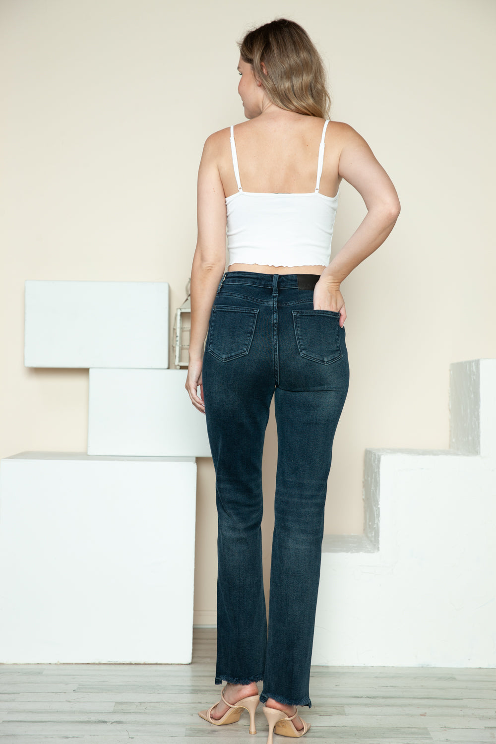 Judy Blue Women's Button Fly Straight Leg Jeans - Distressed Hem Denim Pants for Casual Wear & Everyday Outfits