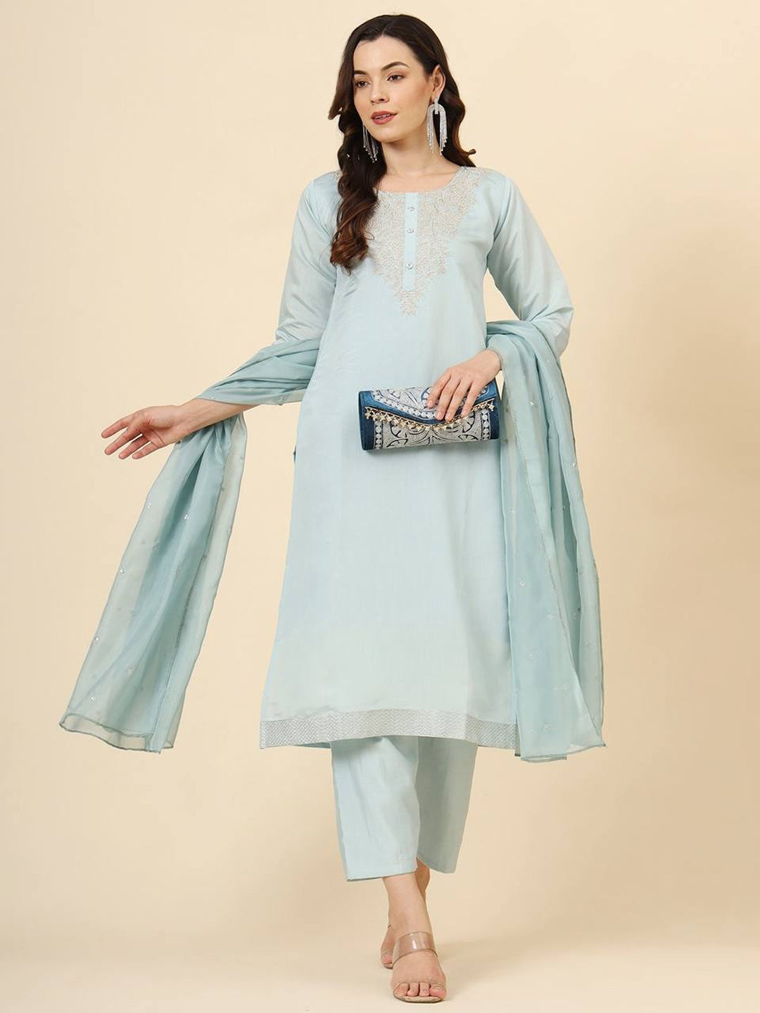 Elegant Aqua Blue Embroidered Pant Suit for Women - Stylish Formal Wear for Office, Parties & Special Occasions