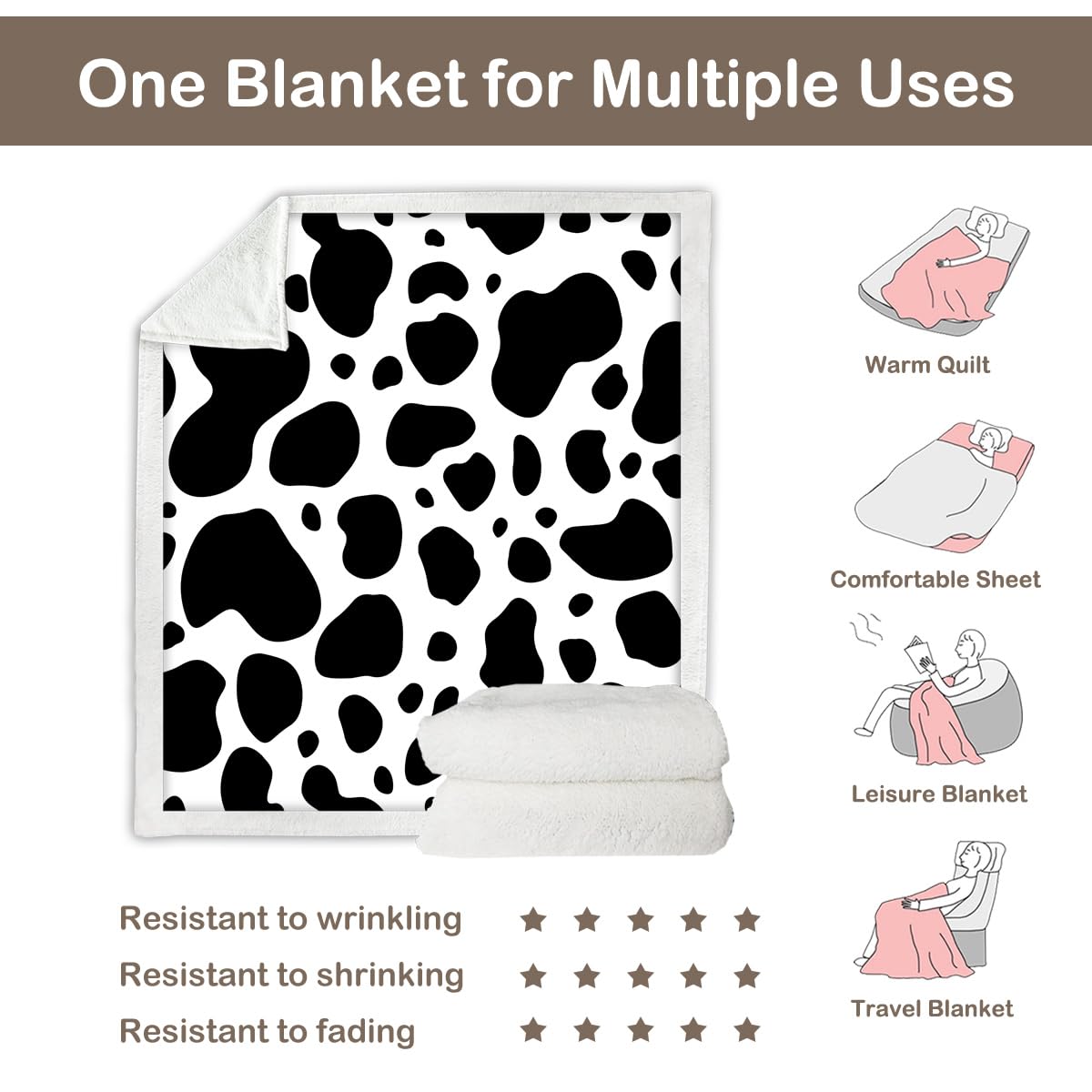 Sleepwish Black and White Cow Print Sherpa Fleece Throw Blanket - 50x60 Inch Soft Plush Animal Pattern Blanket for Kids, Girls, Boys & Women - Perfect for Bedroom, Sofa, Picnic & Cow Lover Gifts