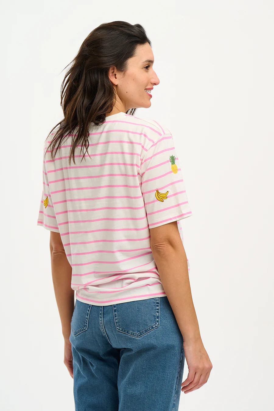 Kinsley Relaxed Fit T-Shirt for Women - Soft Cotton Casual Tee in Off White & Pink Fruit Print | Perfect for Everyday Wear, Lounge & Outings