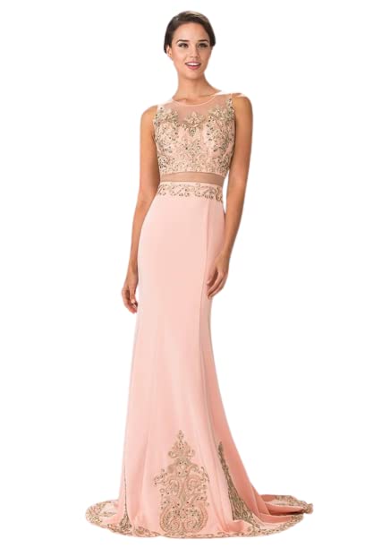 Elizabeth K GL2248 Embroidered Two-Piece Long Dress in Blush Pink - Size L | Elegant Formal Wear for Weddings, Parties & Special Occasions