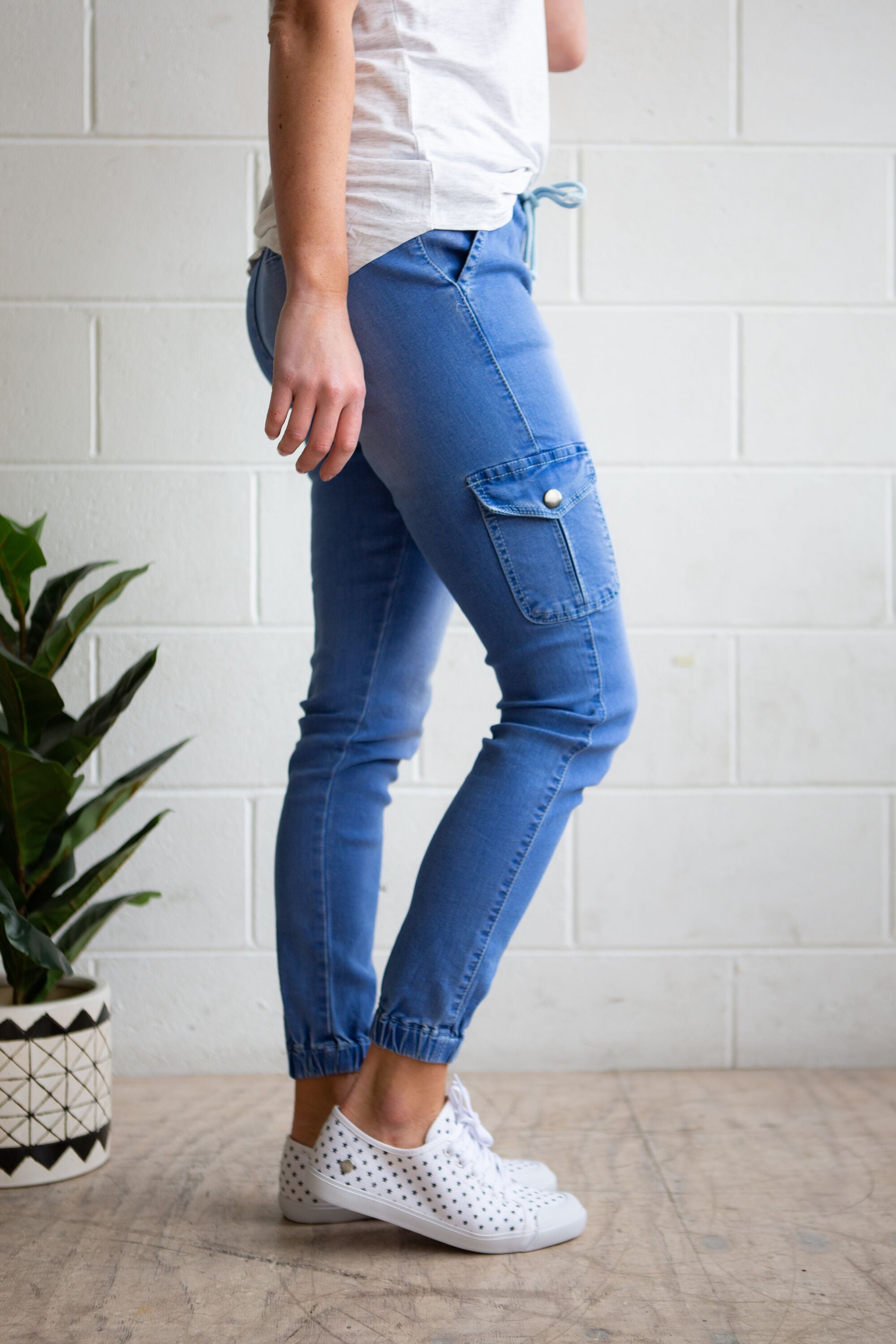 Florence Sky Blue Denim Joggers for Women - Comfortable Stretch Casual Pants for Everyday Wear, Lounge, and Running Errands