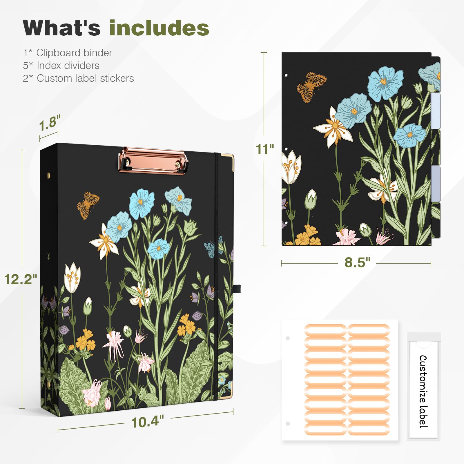 Ospelelf 1 Inch 3 Ring Binder with Floral Round Ring Clipboard - Includes 5 Tab Dividers & File Folder Labels - Perfect for School, Office, and Home Organization (Letter Size)
