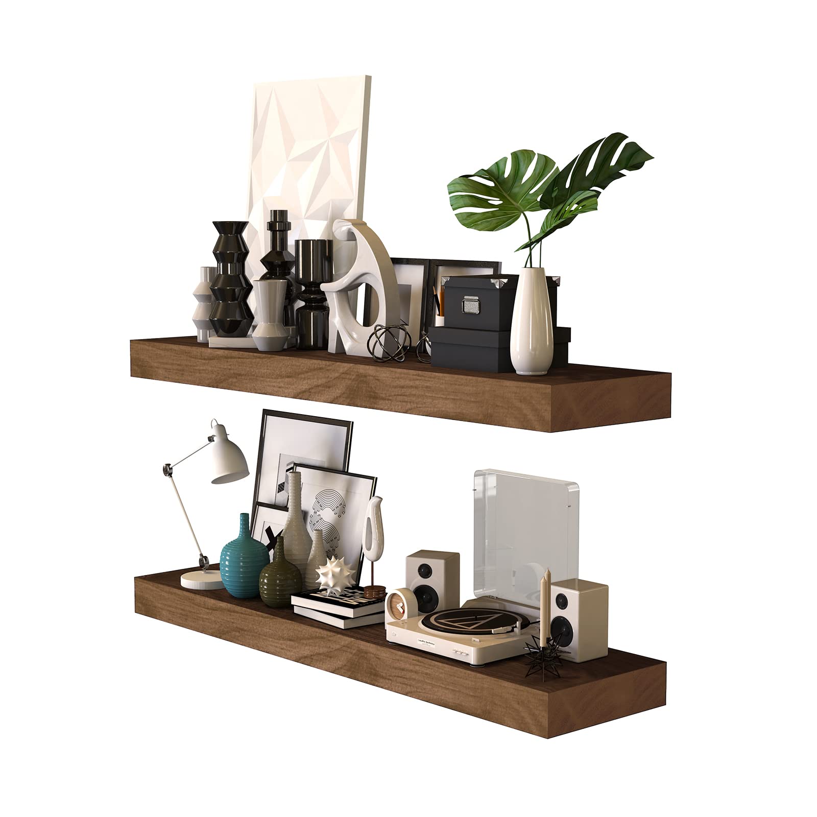 Rustic Floating Shelves Set of 2 - 36 Inch Natural Wood Wall Mounted Shelves for Home Decor | Bedroom, Living Room, Bathroom, Kitchen, Office & Farmhouse Storage | Carbonized Black Finish | Perfect for Displaying Plants, Books and Decor Items