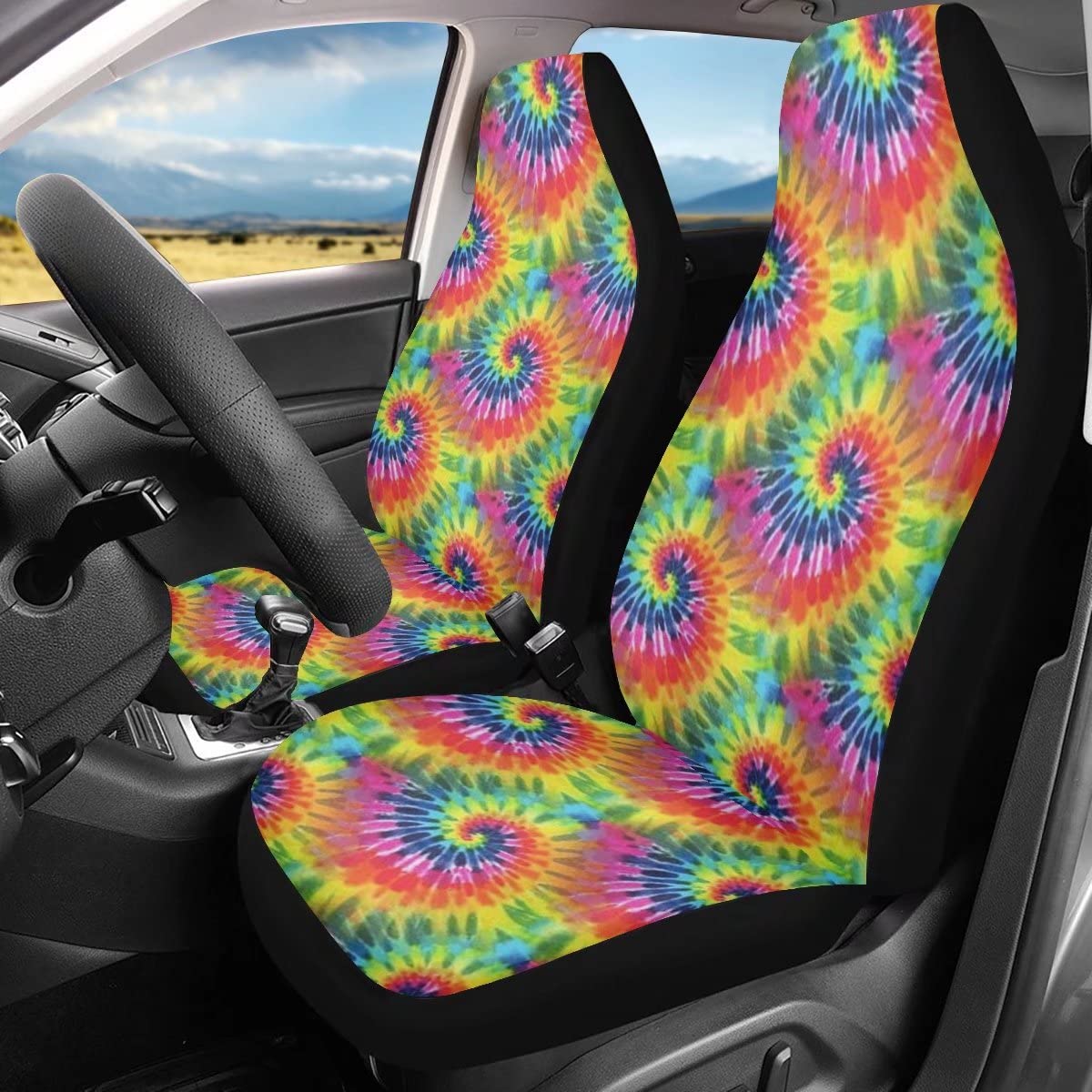 BIGCARJOB 2-Piece Tie Dye Car Seat Covers Set for Women - Colorful Printed Universal Front Seat Protector & Cushion Pads | Perfect for Daily Commute, Road Trips & Car Interior Decoration