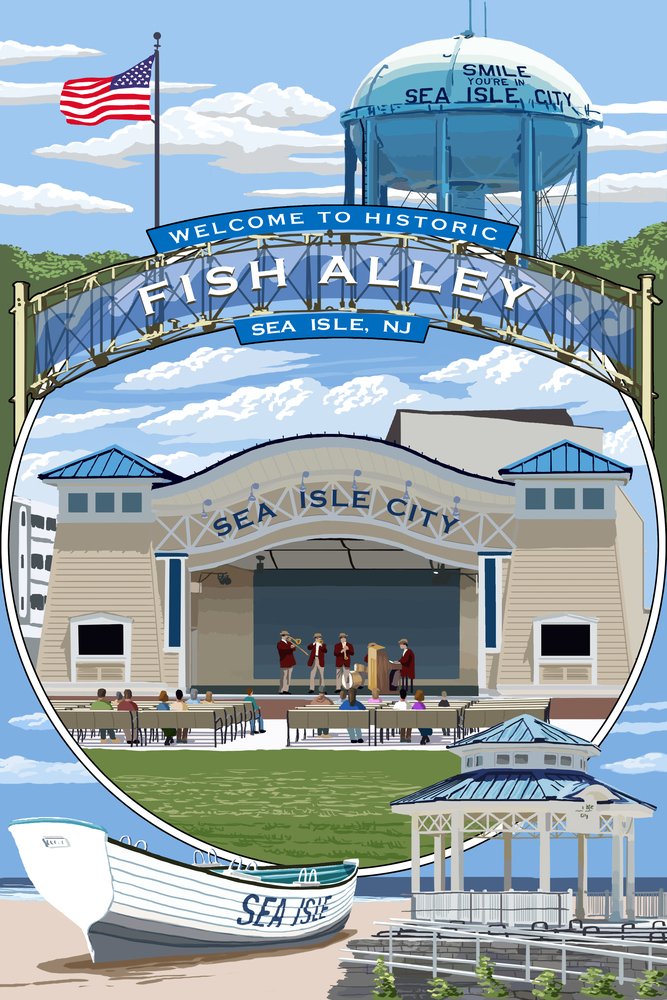 Signed Montage 46183 Art Print - 24x36 Sea Isle City New Jersey Wall Decor Poster | Coastal Home Decor, Beach House Living Room & Office Wall Art