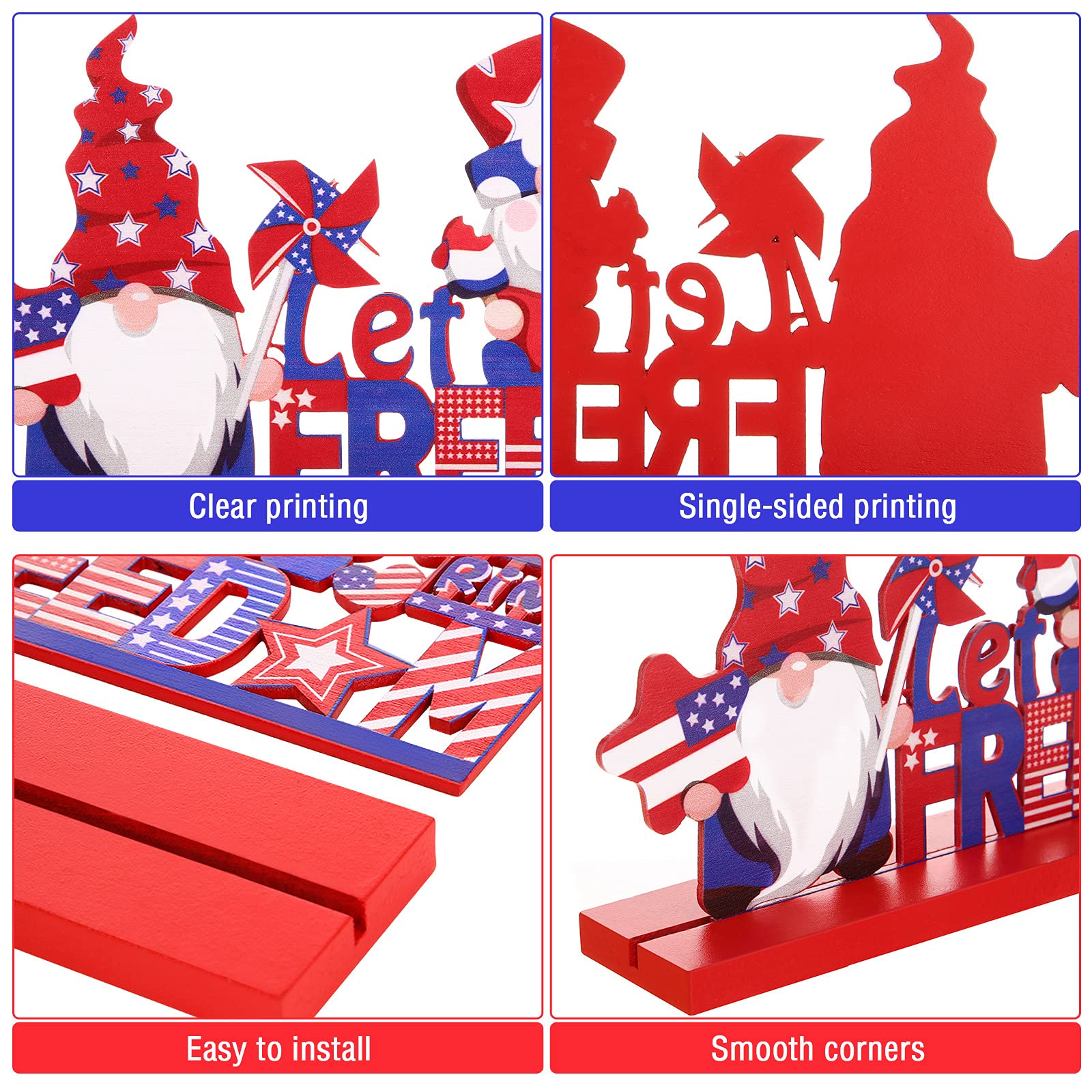 4th of July Wooden Table Centerpiece - 4-Piece Patriotic Table Decor Set with 