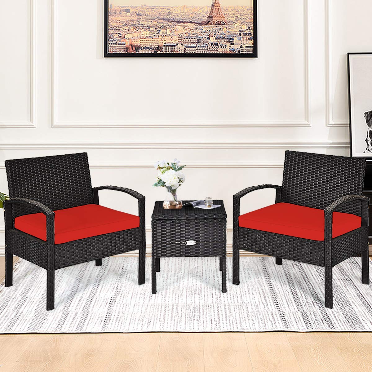 3-Piece Patio Furniture Set - PE Rattan Outdoor Conversation Set with Washable Removable Cushions & Coffee Table with Storage Space - Wicker Sofa Set for Garden, Poolside, Balcony, Backyard (Red) - Perfect for Outdoor Relaxation, Entertaining Guests, and Lounging by the Pool