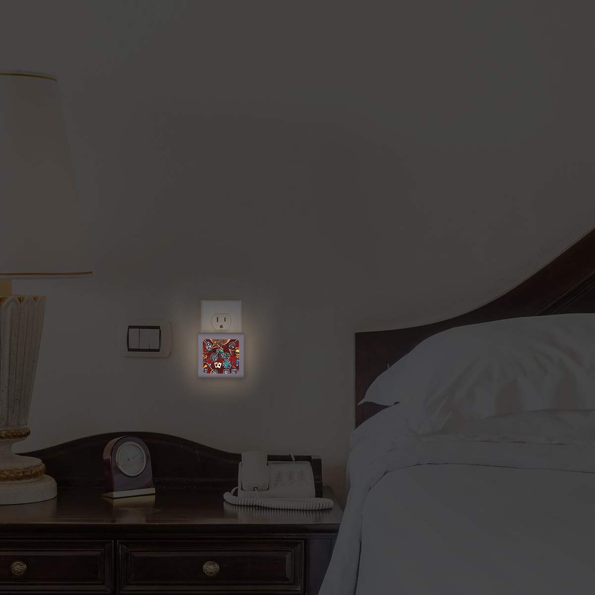 Dimmable LED Night Light with Auto On/Off Sensor, Adjustable Brightness & Warm White Light - Perfect for Bathroom, Hallway, Nursery & Bedroom - Bikes and Skulls Design by Dan Morris - Ideal for Nighttime Safety & Comfort