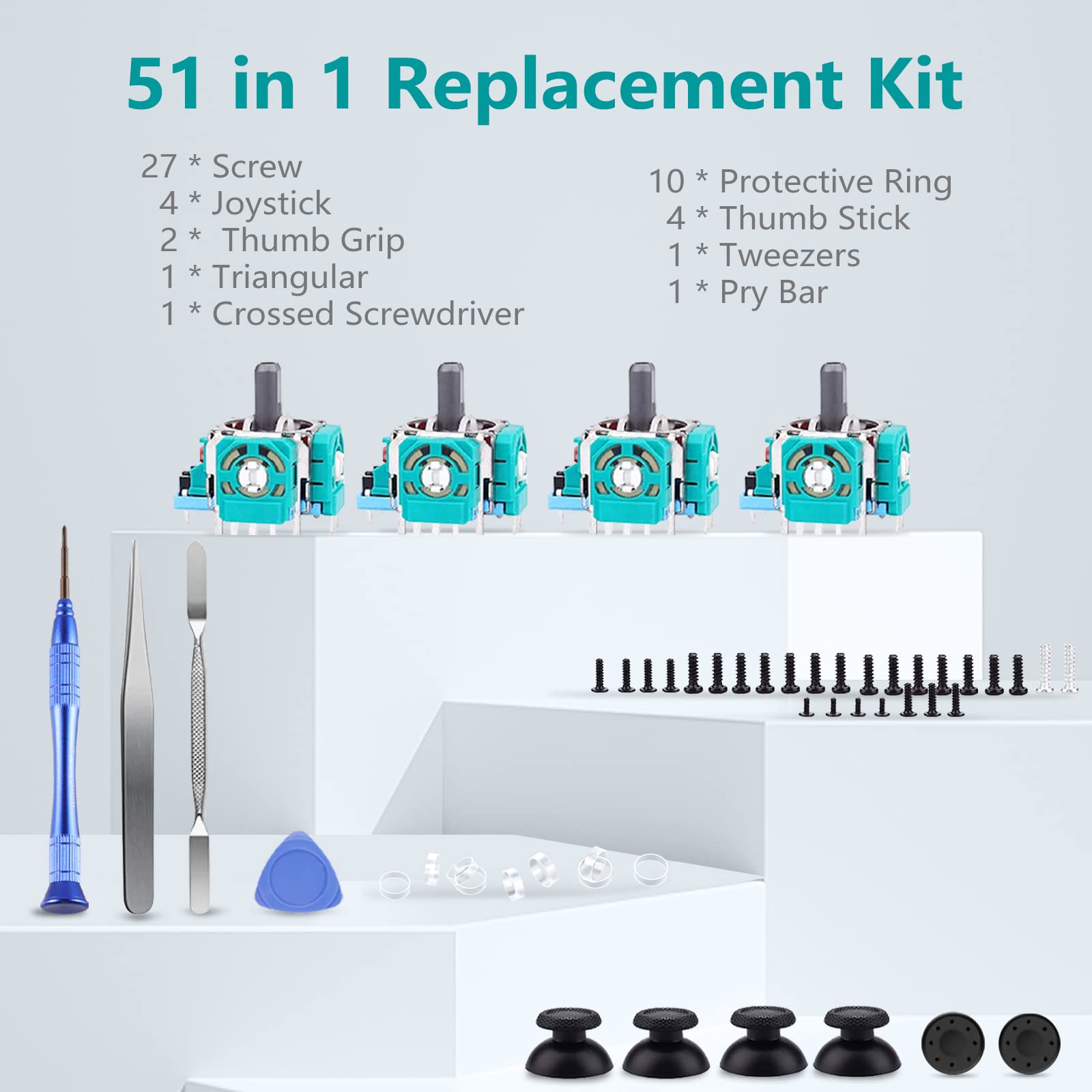 AOLION PS5 Controller Joystick Replacement Kit - 3D Thumbstick Module, 4 Joysticks, 10 Protective Rings (51 PCS) Compatible with Playstation 5 DualSense Controller (Blue) - Perfect for Gaming Repair & Controller Maintenance