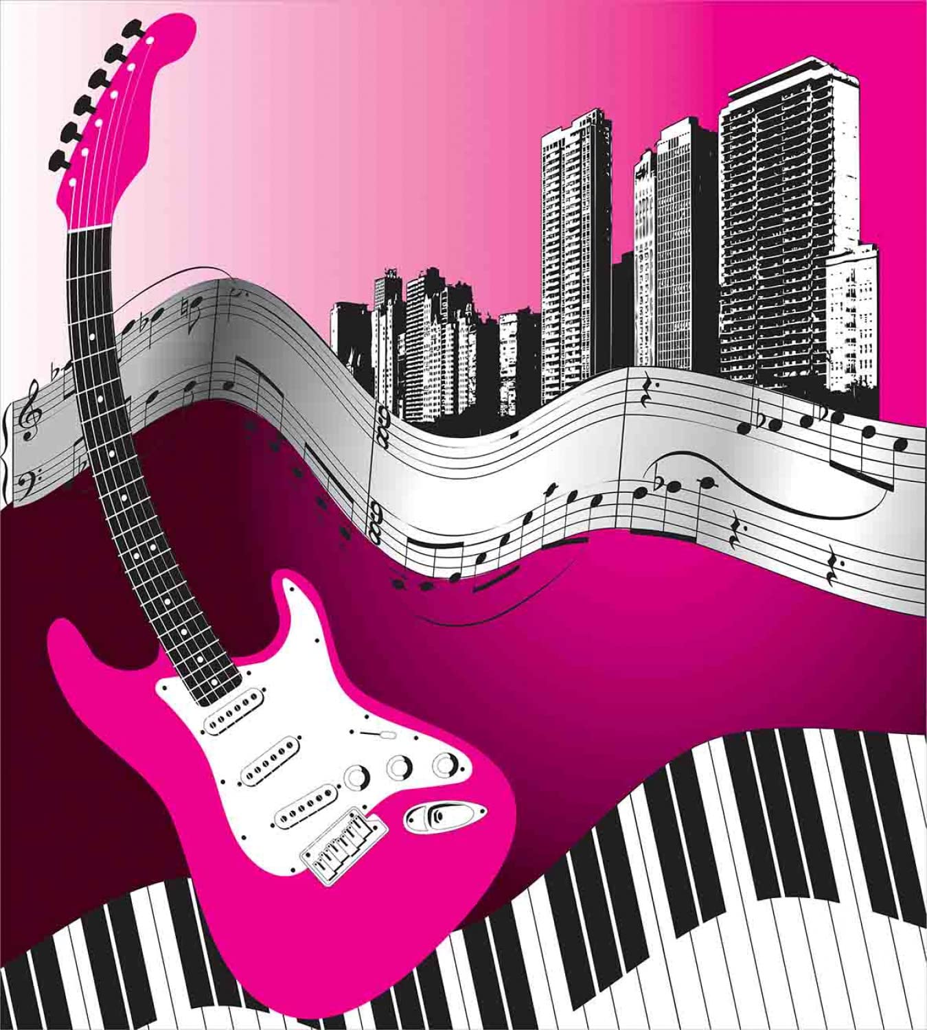 Ambesonne Music Themed Duvet Cover Set - Bass Guitar Keyboard Urban Rock Design with City Rhythm Illustration, 2-Piece King Size Bedding Set Includes 2 Duvet Covers & 4 Pillowcases in Hot Pink, Pale Grey & Black | Perfect for Music Lovers' Bedrooms, Teen Rooms & Rock-Themed Decor