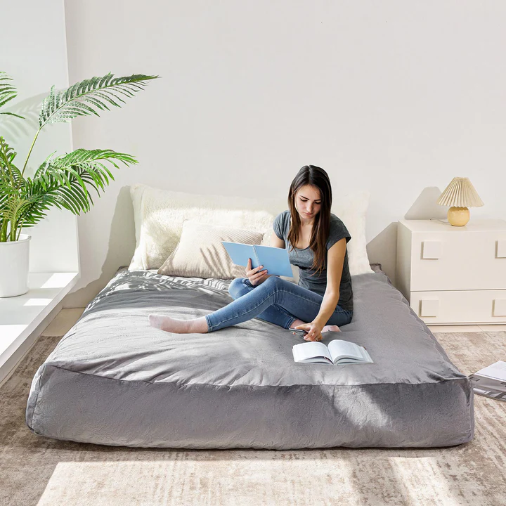 MAXYOYO Jacquard Shaggy Plush Bean Bag Chair with Pouf Set - Space Saving Combo for Living Room, Dorm, Bedroom & Game Room - Soft Bean Bag Bed & Footstool Bundle for Relaxing, Lounging & Gaming