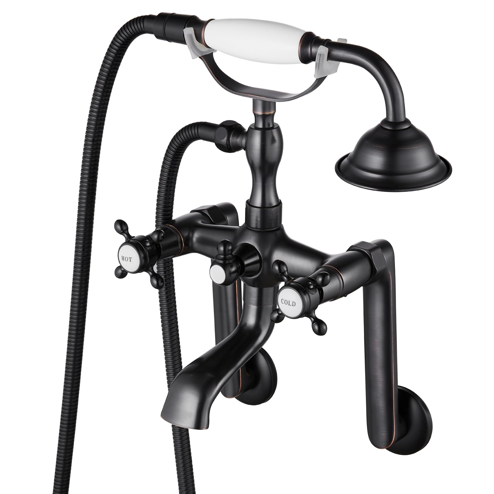Gotonovo Victorian Style Clawfoot Bathtub Faucet Set - 6 Inch Center Adjustable Oil Rubbed Bronze Tub Filler with Handheld Shower & Cross Handles | Perfect for Vintage Bathroom Renovation & Freestanding Tub Installation