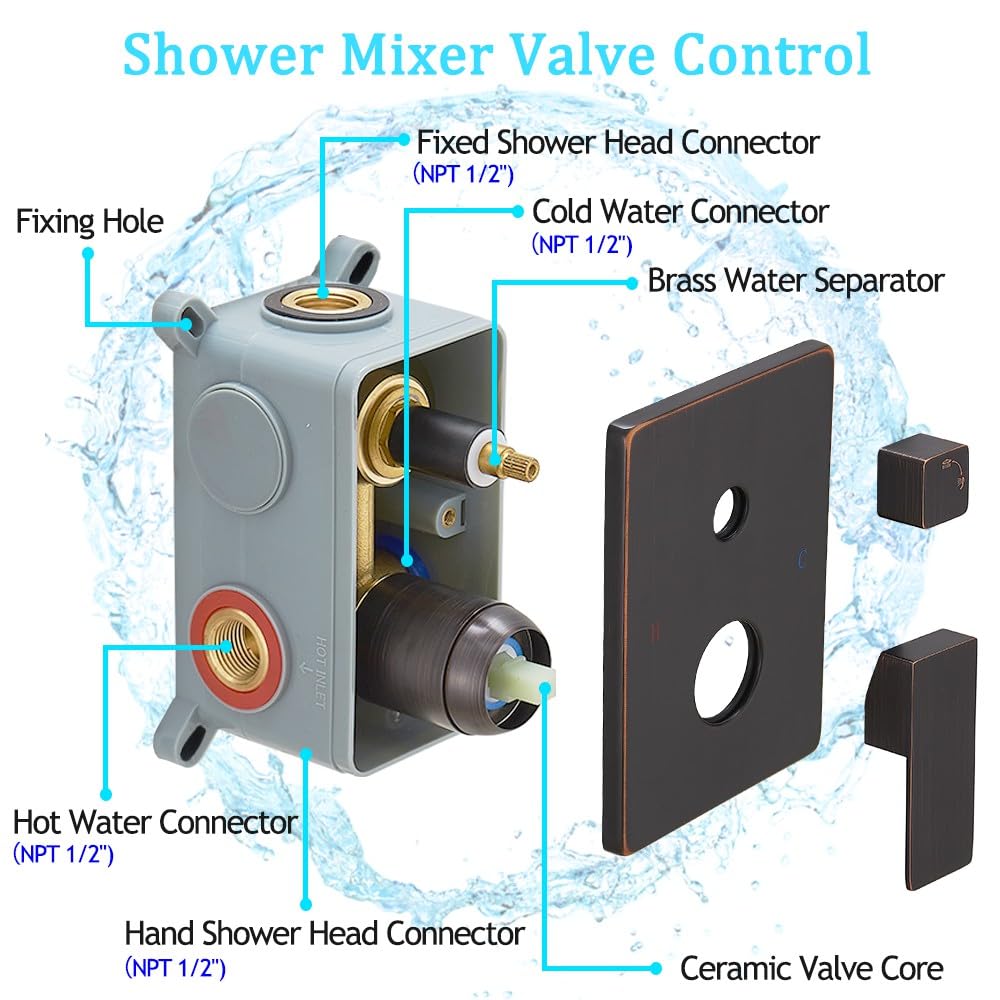 Oil Rubbed Bronze Rain Shower Faucet Set - 12 Inch Square Shower Head with Handheld Spray & Waterfall Showerhead - All Metal Shower System with Trim Repair Kits (Includes Shower Valve) - Perfect for Bathroom Remodel & Luxury Spa Experience