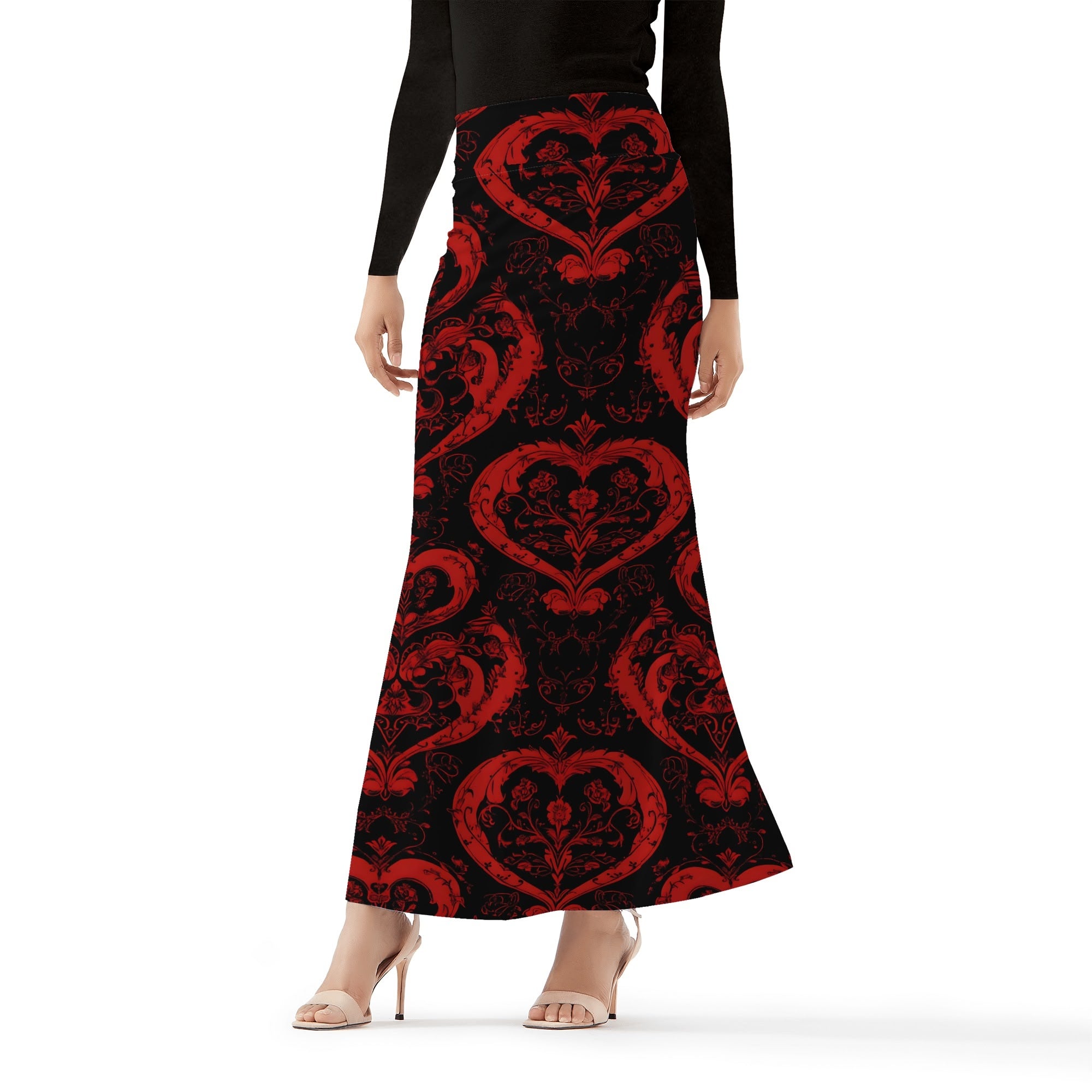 Gothic Red Hearts Women's Wrap Fishtail Long Skirt - Elegant Vintage Style Maxi Skirt for Parties, Date Nights & Gothic Fashion Lovers