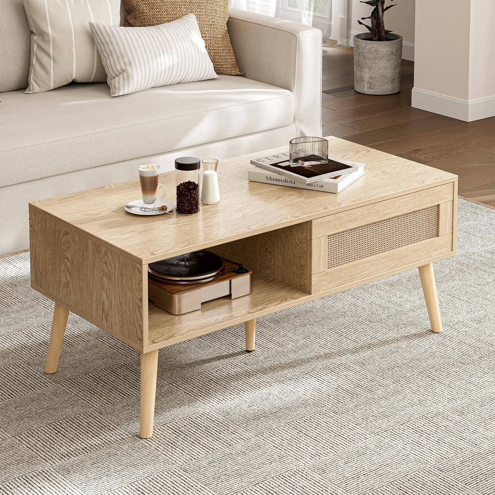 Boho Coffee Table with Storage - Solid Wood Legs & Sliding Rattan Door Panel - Small Oak Dining Table for Living Room - Perfect for Small Spaces, Apartments & Cozy Home Decor
