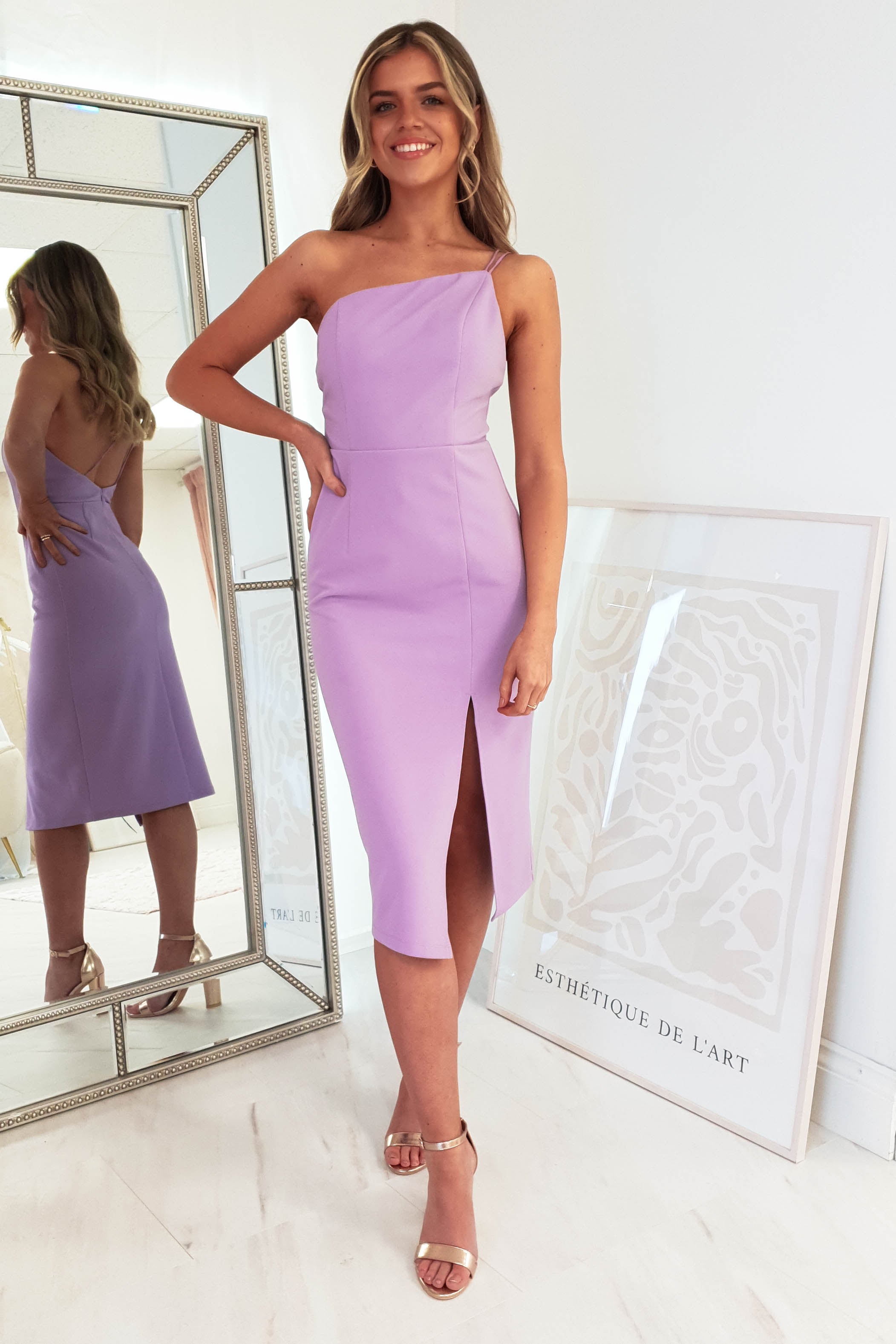 Sophia Bodycon Midi Dress for Women - Flattering Slim Fit Stretchy Party Dress in Lilac | Perfect for Cocktail Parties, Date Nights & Special Occasions