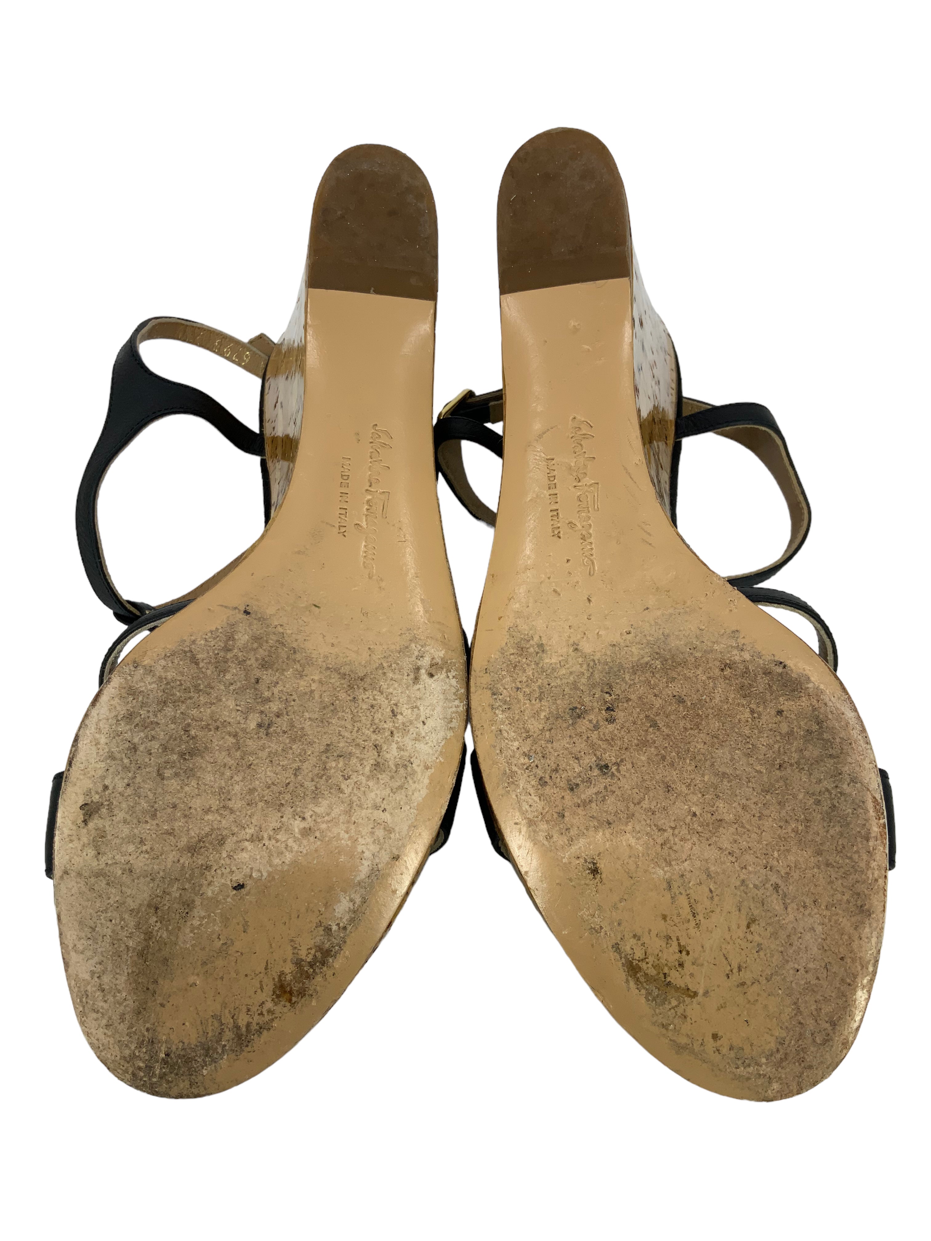 Salvatore Ferragamo Women's Savita Black Leather Cork Wedge Sandals Size 7.5 - Perfect for Summer Vacations & Beach Weddings