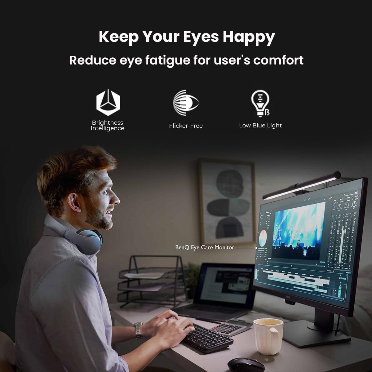 BenQ GW2485TC 24 Inch 1080p IPS Office Monitor with Eye Care Tech, Adaptive Brightness, Height & Tilt Adjustment - Built-in Speakers, Noise Cancelling Mic, Daisy Chain - DisplayPort, HDMI, USB-C - Perfect for Home Office, Coding, and Video Conferencing