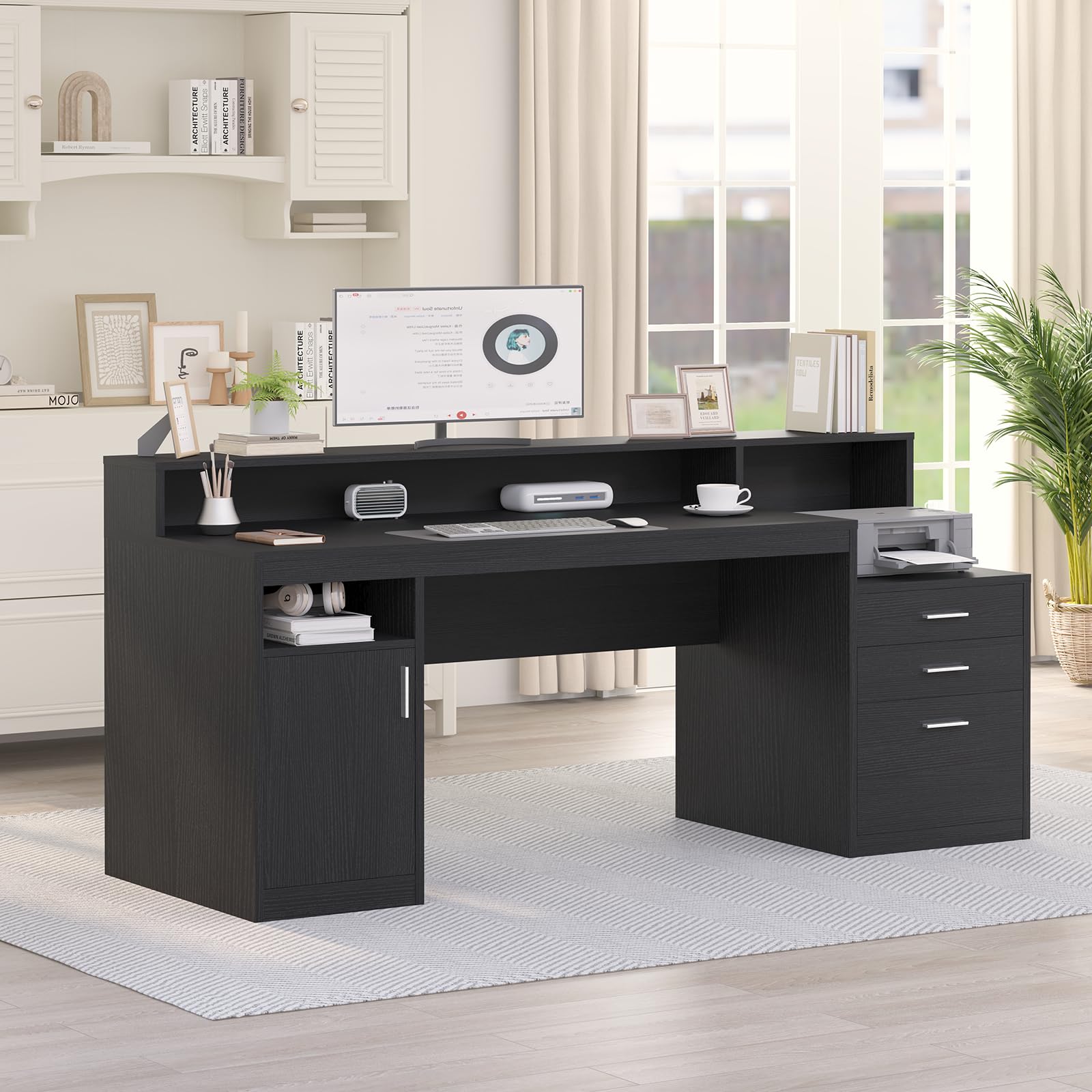 Black Computer Desk with 3 Drawers, Storage Shelves & File Cabinet - Home Office Desk with Monitor Stand & Printer Shelf - Executive Writing Study Table for Small Spaces, Gaming & Remote Work