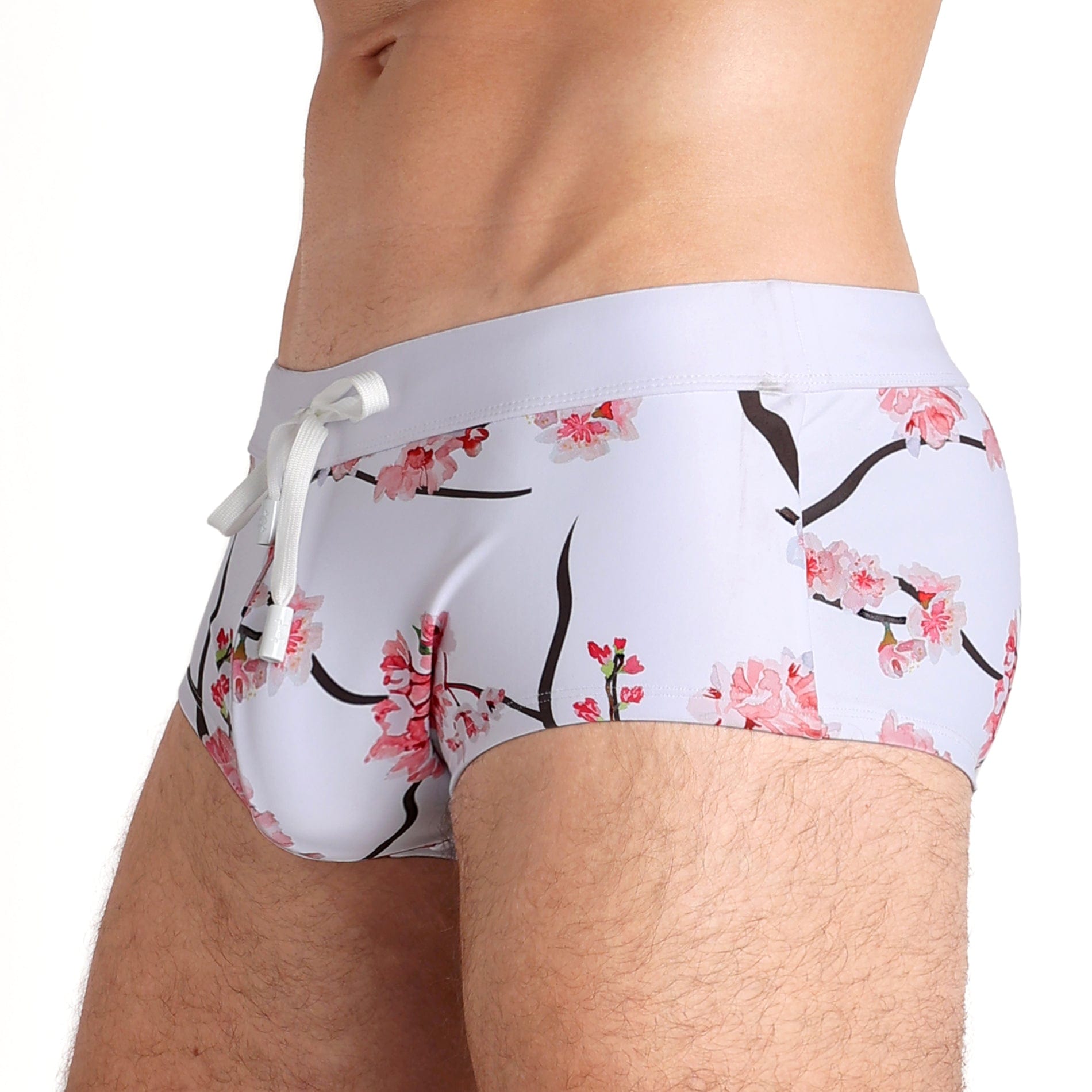 **Men's Cherry Blossom Print White Swim Trunks - Quick Dry Beach Shorts for Swimming, Surfing & Summer Vacations**