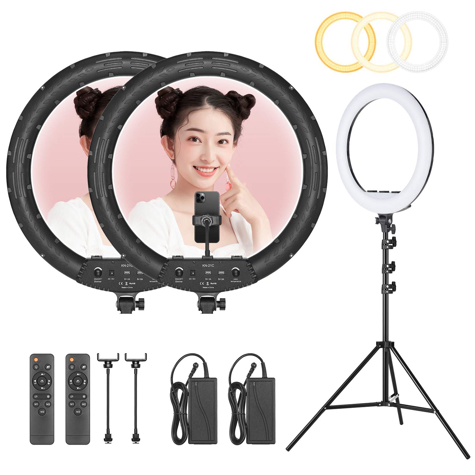AMBITFUL RL-480 18-inch Ring Light with Stand - 60W 3000K-6000K Adjustable LED Light with 480 Beads, 180cm Tripod & Carrying Bag - Perfect for Live Streaming, YouTube Videos, TikTok, Photography (2 Pack)