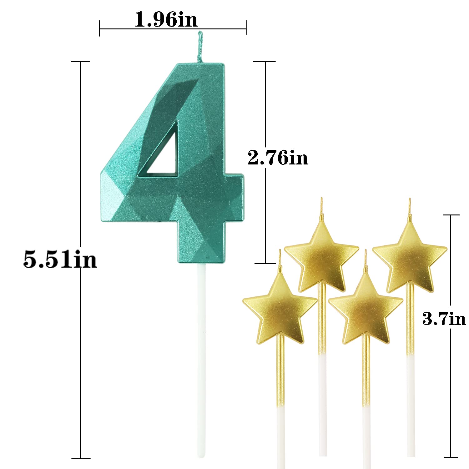 Green Number 4 & Star Birthday Candles - 2.76 Inch 3D Diamond Shaped Cake Candles for Birthday Parties, Anniversary Decorations | Perfect for Cake Toppers, Cupcake Decor, and Special Celebration Cakes