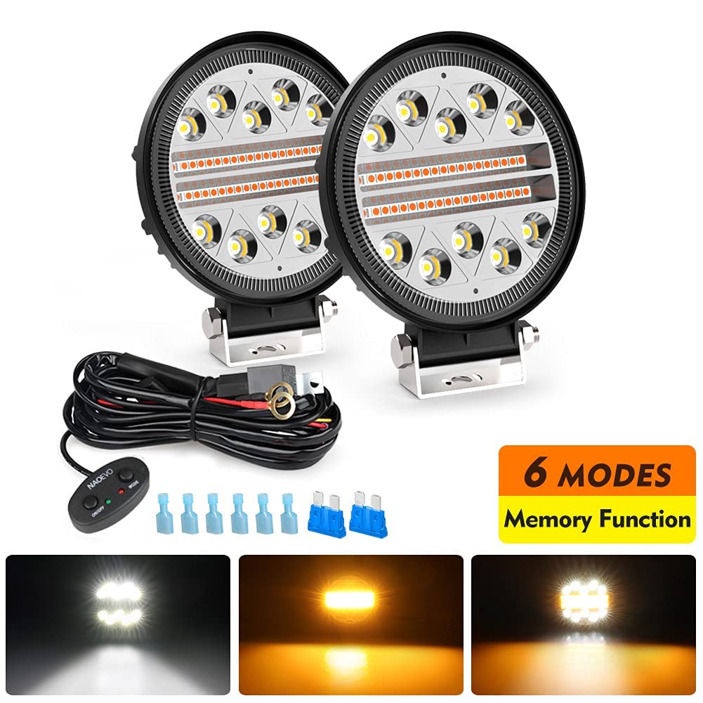 NAOEVO Round LED Light Bar Strobe Lights - 6 Mode LED Cube Lights, 140W Amber/White Off-Road Fog & Work Lights with Wiring Harness | For Trucks, ATVs, Emergency Vehicles & Outdoor Adventures