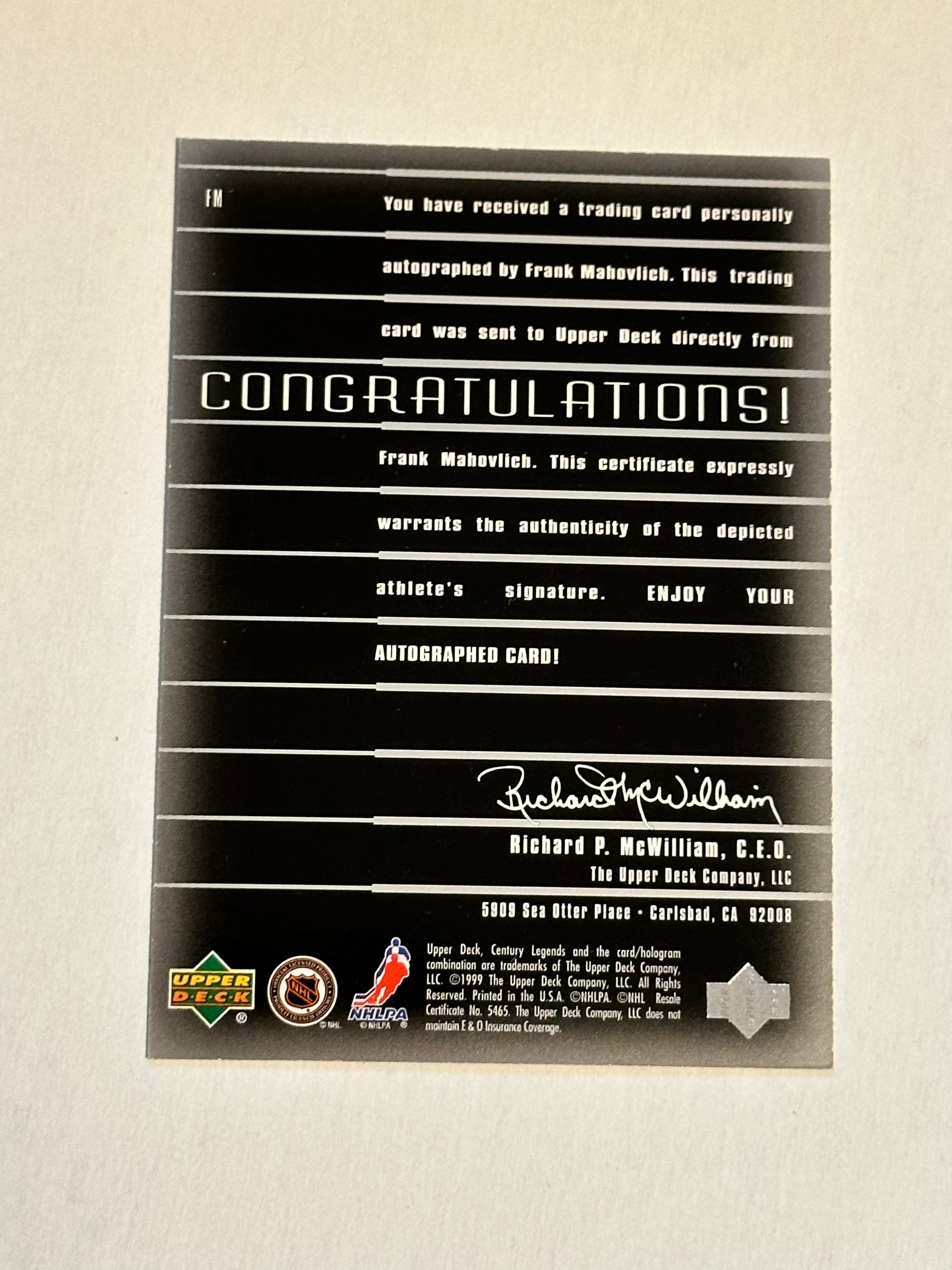 Frank Mahovlich Toronto Maple Leafs Autographed Hockey Card 1999 - Rare Collectible Memorabilia for Sports Fans and NHL Collectors - Perfect for Display, Framing, and Investment