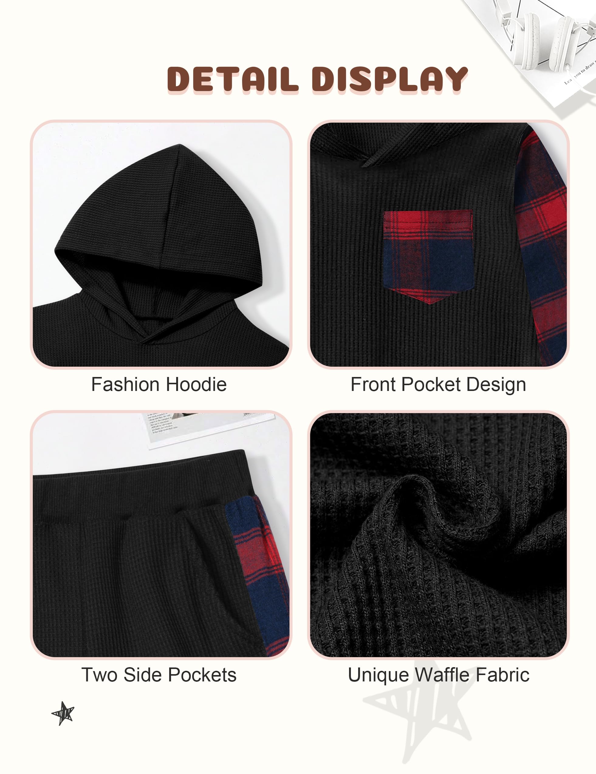 Boys' Waffle Plaid Hoodie & Patchwork Casual Pants 2-Piece Set - Warm Fall Winter Toddler Outfit with Pockets | Cozy Playdates & Outdoor Adventures