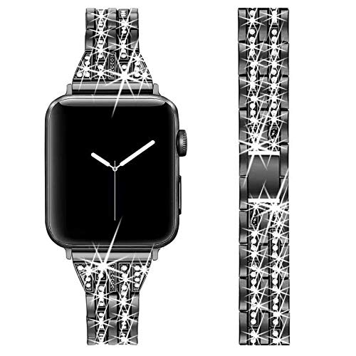 BestMin Bling Replacement Band Compatible with Apple Watch 38mm 40mm 42mm 44mm - Stylish Women's Wrist Strap for Apple Watch SE, Series 6/5/4/3/2/1 - Perfect for Workouts, Parties & Everyday Wear (Black)