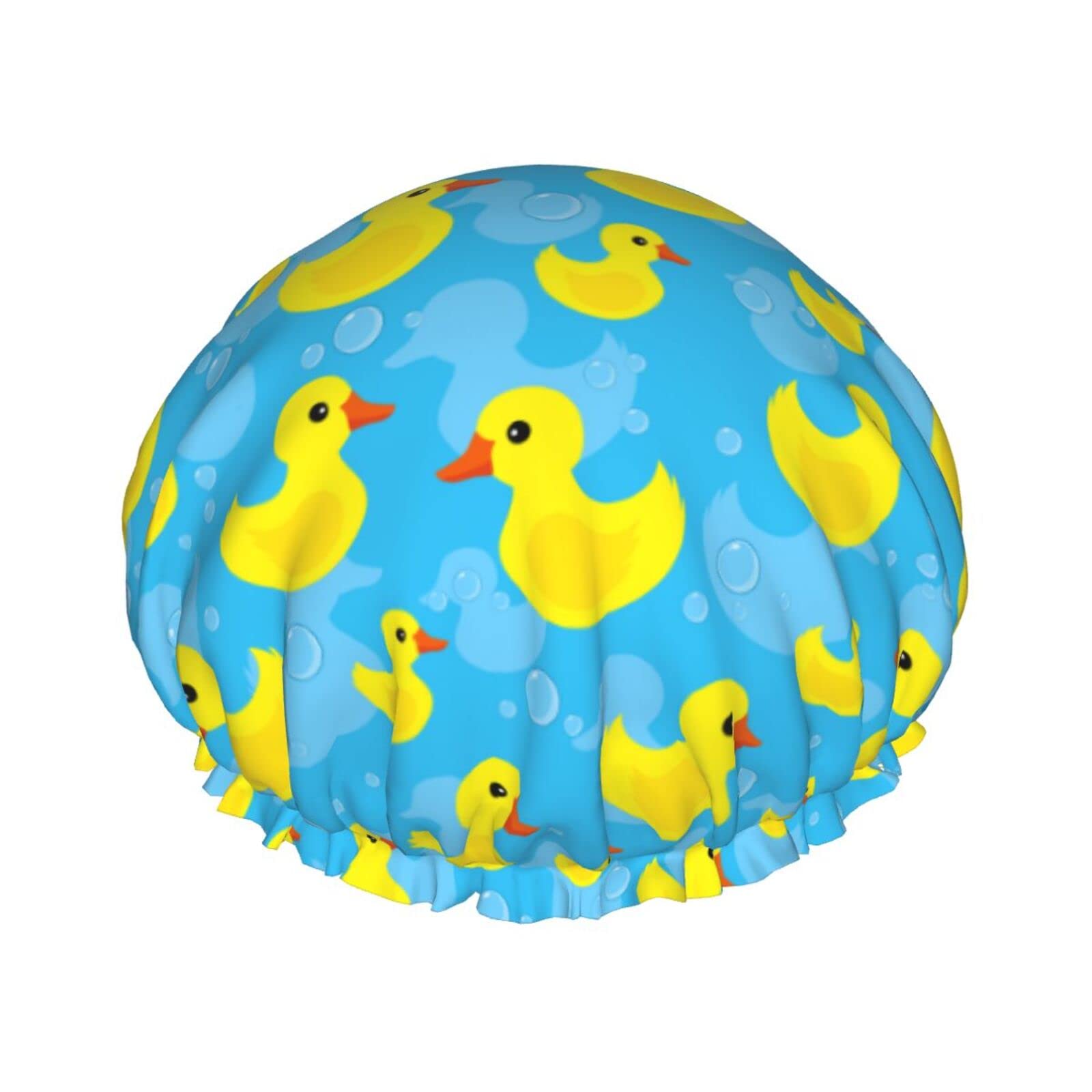 Waterproof Shower Cap for Women - Reusable PEVA Lined Shower Hat with Adjustable Elastic Band for Long Hair - Perfect for Bathing, Swimming & Hair Treatments (Blue Rubber Duck Design)