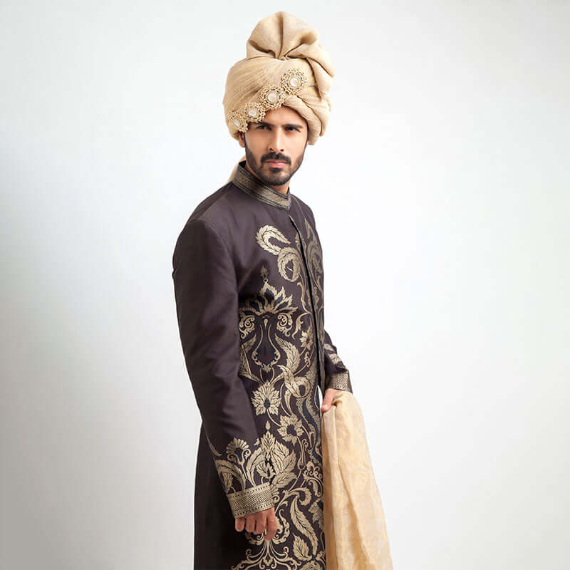 Antique Dull Gold and Charcoal Brocade Sherwani for Men | Traditional Indian Wedding Attire | Perfect for Ethnic Weddings, Festivals & Special Occasions
