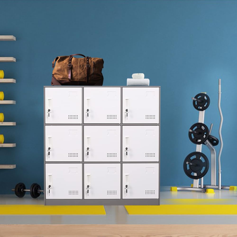 9-Door Metal Locker Storage Cabinet - Heavy Duty Steel Employee Lockers with Key Lock & Ventilation - Secure Office, School & Gym Storage Organizer for Clothes, Equipment & Personal Items