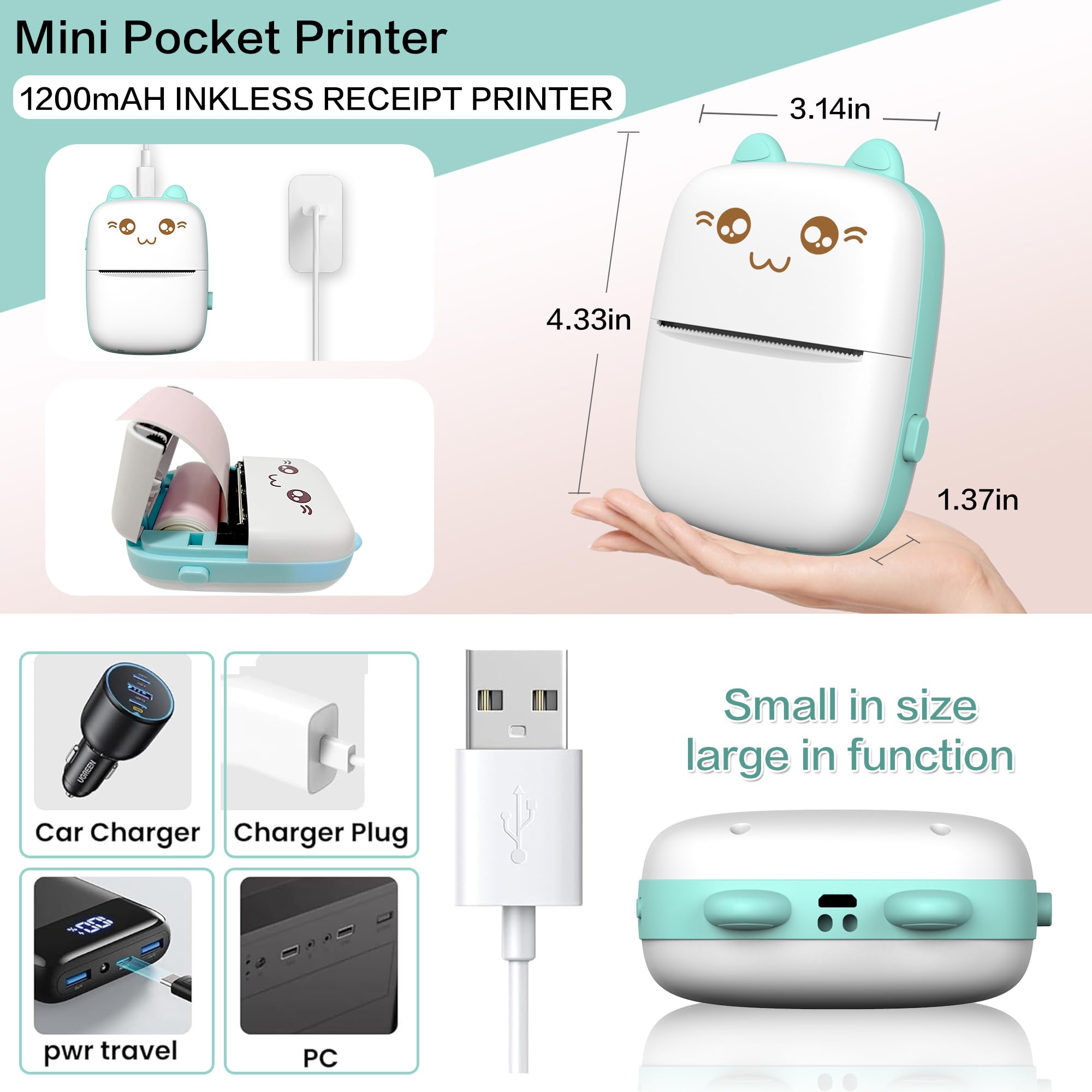 Portable Mini Thermal Printer - Bluetooth Wireless Inkless Sticker Printer with 8 Rolls Paper, Compatible with iOS & Android for Journaling, Memos, Photos - Perfect for Kids, Girls, DIY Crafts, School Projects & Party Favors